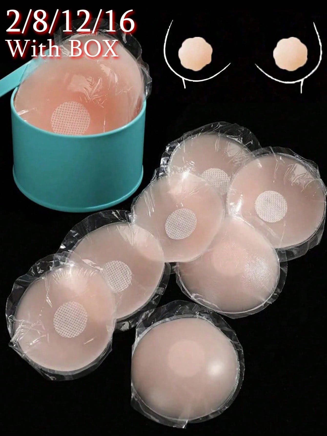 2/8/12/16pcs Reusable Women's Invisible Nipple Covers Breast Petals With Travel Storage Box