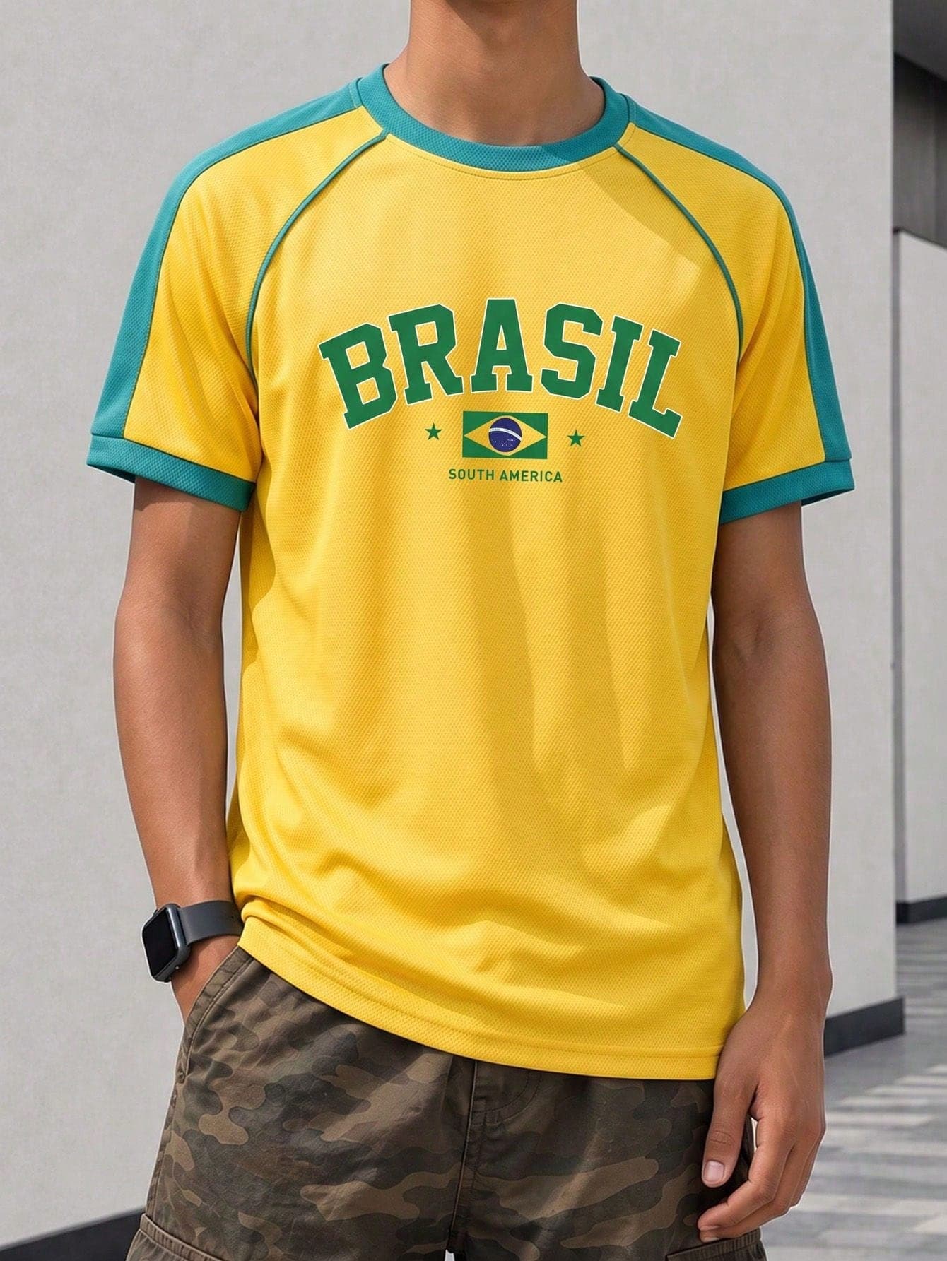 1pc Tween Boys' Fashionable Sporty Contrast Color Patchwork Short Sleeve T-Shirt