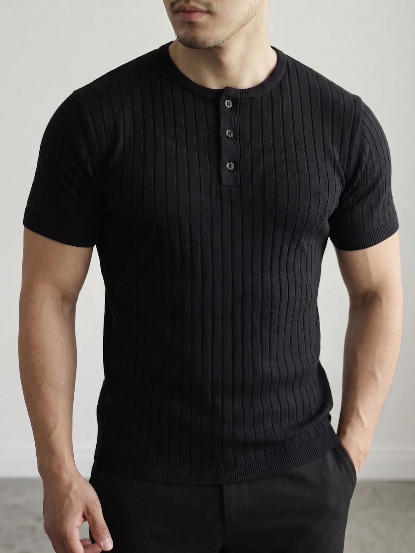 Men's Mature Style Vertical Textured Henley Shirt, Slim Fit, Business Casual Thin Knit Short Sleeve Top