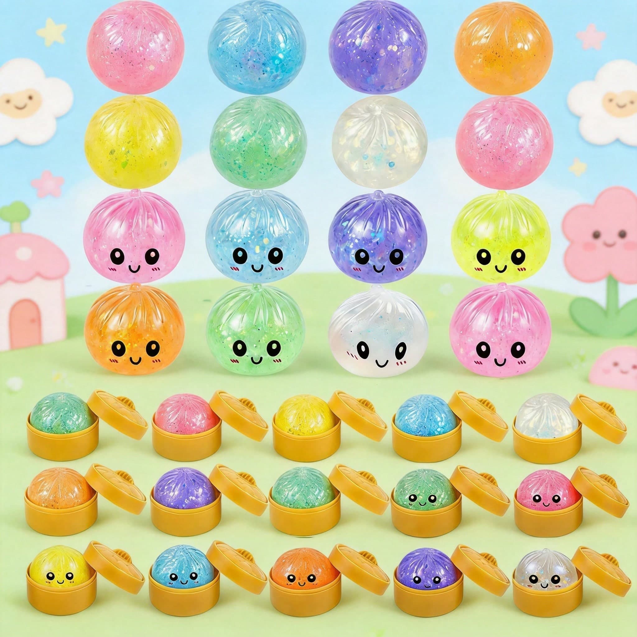 2/4/6 PCS Glitter Bun Shaped Toy Set, Glitter Expression Baozi Toys With Steamer Box, Soft Stretchy Toys, Party Toy, Kids Toys(Random Colors)