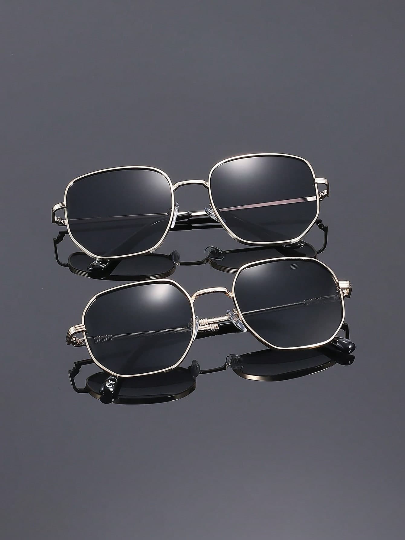 2 Pairs Copper Square Gold Full Frame Classic Modern Minimalist Style Men's Sunglasses, Suitable For Summer Daily, Beach Party, Street Photography, Back To School, Date Outfit, Outdoor Styling And Fashion Accessory