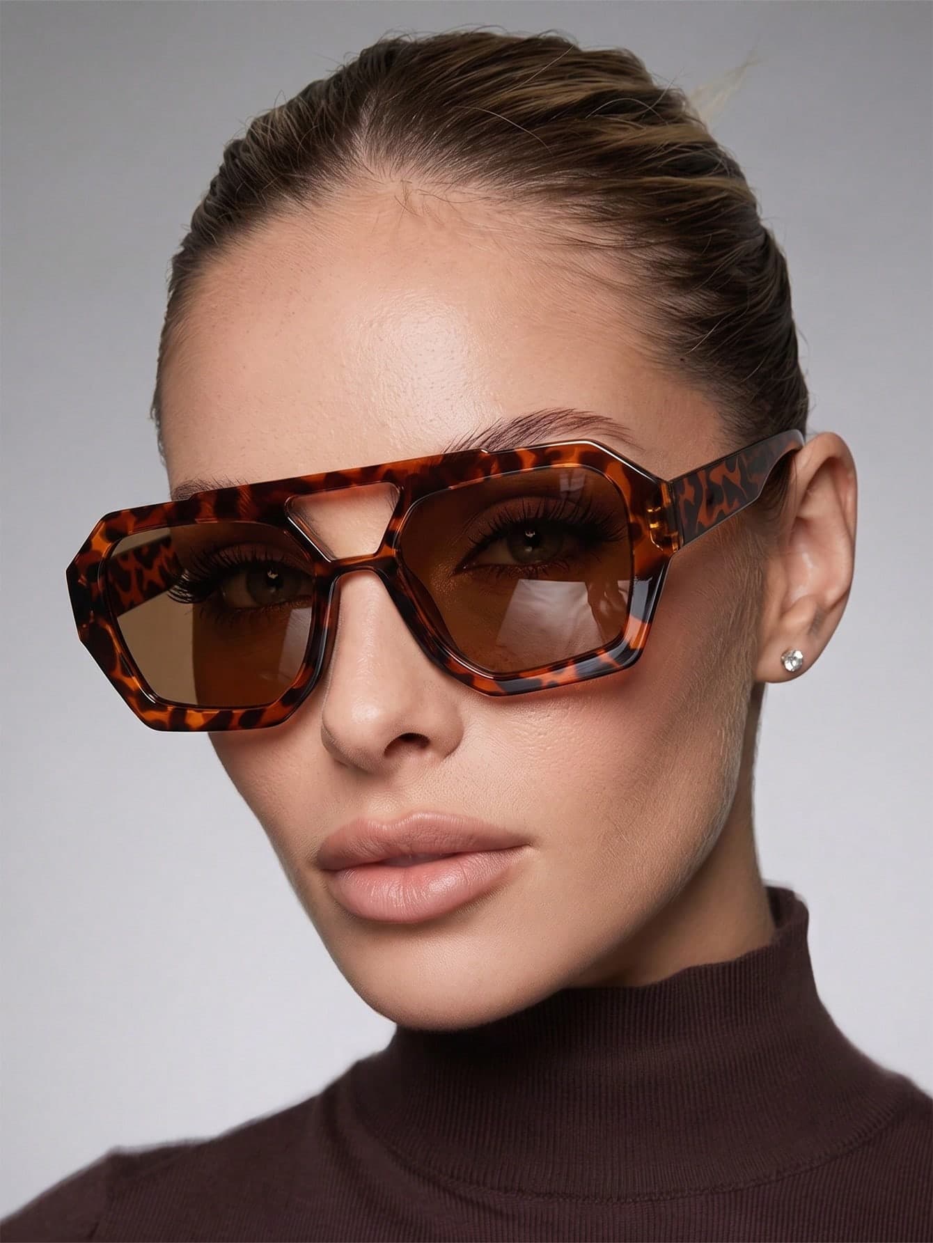1 Pair Women's Leopard Print Polygon PC Frame Retro Double Bridge Fashion Street Style Personalized Glasses