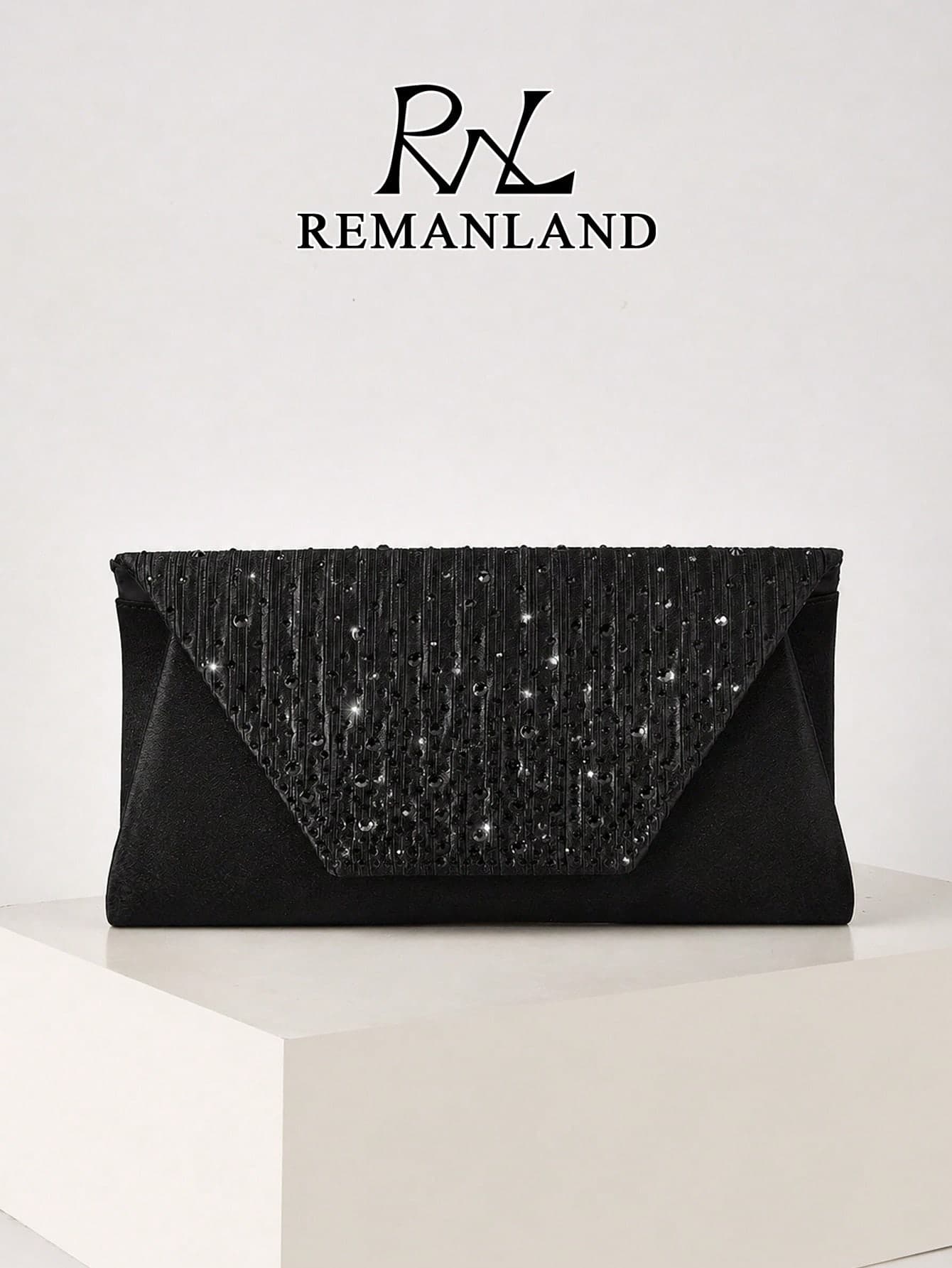 REMANLAND Women's Black Rhinestone Satin Envelope Clutch Bag, Elegant Sparkling Evening Bag, Suitable For Weddings, Cocktail Parties And Formal Occasions