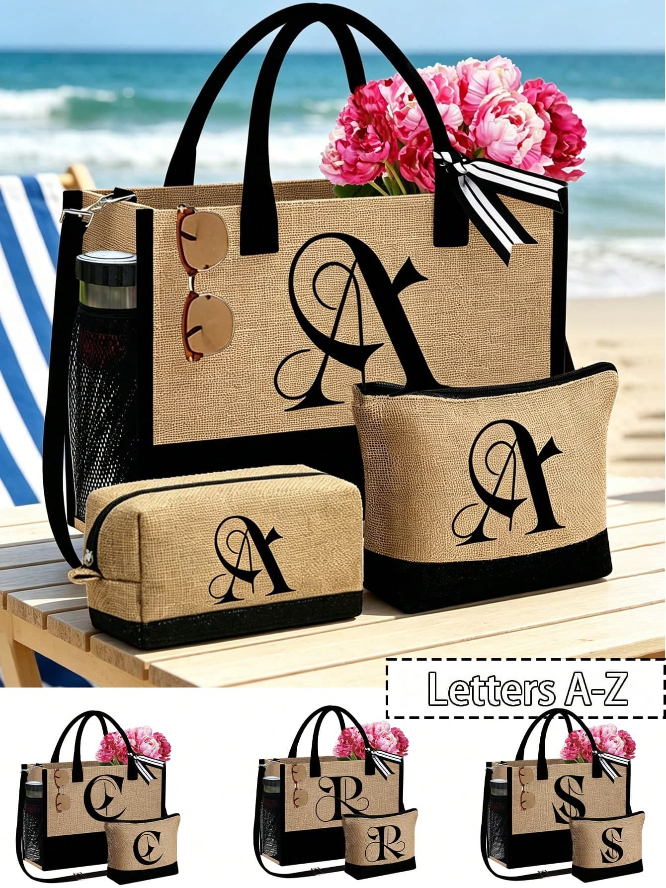 Women's Beach Tote Bag With Shoulder Strap, A-Z Letter Beach Accessory Bag, Personalized Gift Bag With Side Pockets, Women's Shoulder Bag, Shopping Bag, Multi-Functional Storage Bag, Suitable For Spring/Summer Beach Vacation And Outdoor Wedding, Birthday, Holiday, Great Gift For Women, Mothers, Teachers, Friends, Bridesmaids, Students, Back To School, Large Bag, Holiday Weekend Short Trip Travel Tote Bag, Personalized Birthday Gift For Friends