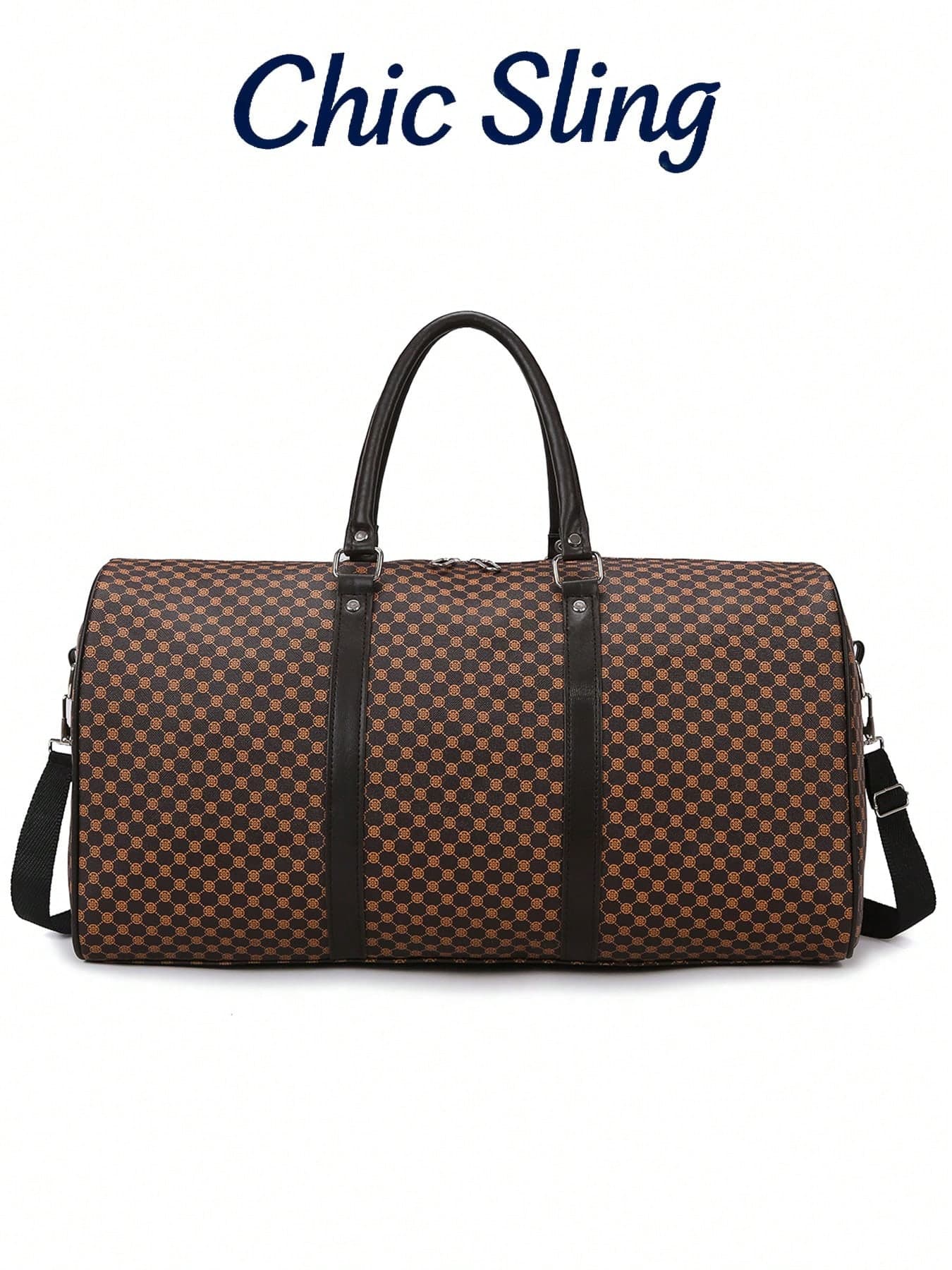 SHILAN Vintage Geometric Print Large Capacity Travel Weekend Bag, Faux Leather Trim, Detachable Shoulder Strap, Overnight Gym Tote Bag