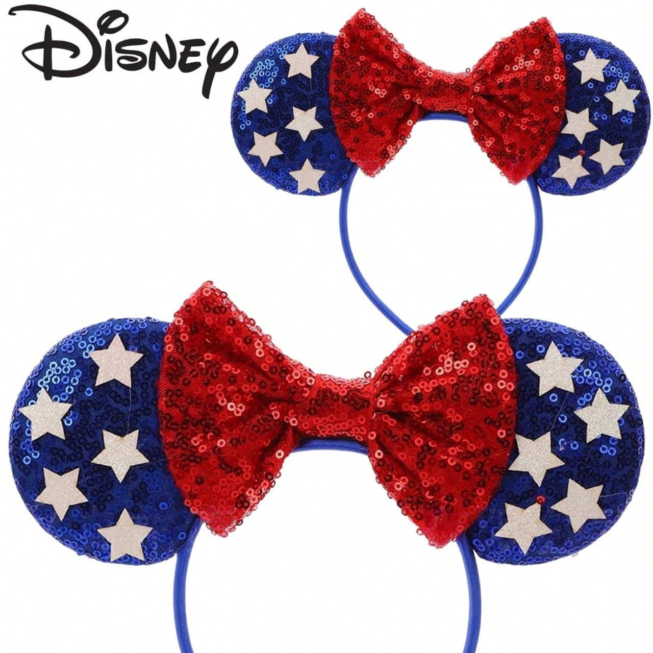 Disney Red Blue White Star Mouse Ears Headband Patriotic Sequins Bow Holiday Theme Park Hairband