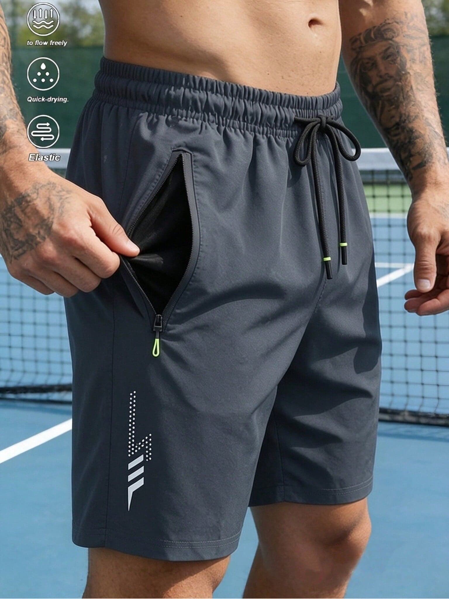 1pc Men's Casual Minimalist Style Comfortable Shorts, With Letter Print Pockets And Drawstring, Quick-Dry Breathable Shorts For Summer Outdoor Fitness, Elastic Waist Zipper Pockets Shorts Suitable For Gym Workout And Training