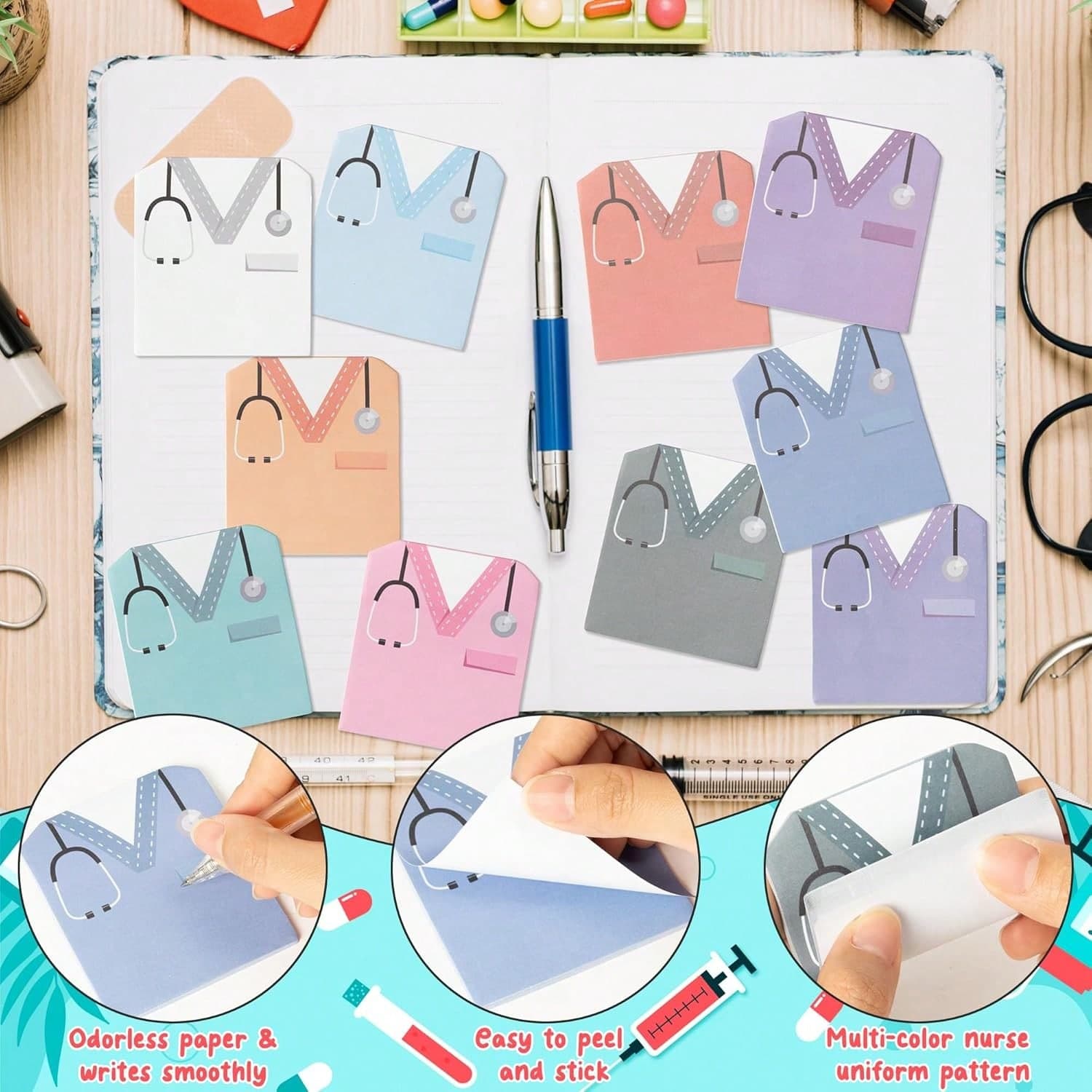 Nurse Sticky Note Set, 9pcs Fun Nurse Outfit Self-Adhesive Memo Pads, Cute Nursing Student Notepad, Hospital Office School Supplies, Nurse Day Gift