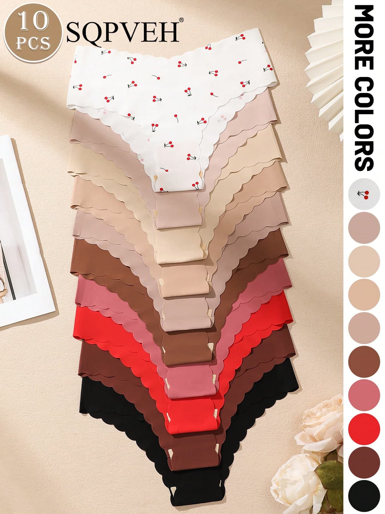 SQPVEH 10pcs/Pack Solid Color & Cherry Print Wavy Edge Design Fashion Women's Panties, Sexy Seamless Smooth Comfortable Breathable Women's Underwear