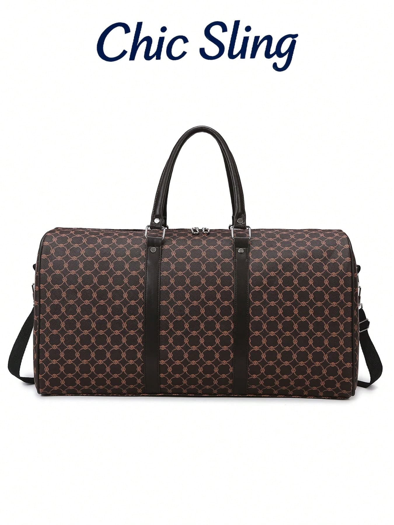 SHILAN Vintage Geometric Print Large Capacity Travel Weekend Bag, Faux Leather Trim, Detachable Shoulder Strap, Overnight Gym Tote Bag