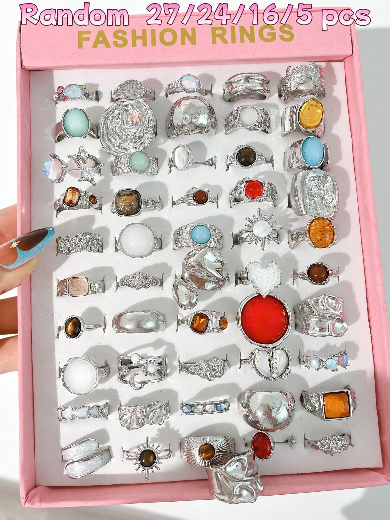 27/24/16/5pcs Vintage Old Money Style Faux Gem Wide Band Sunflower Heart Exaggerated Women's Ring Set Suitable For Daily Wear, Vacation, Holiday, Party