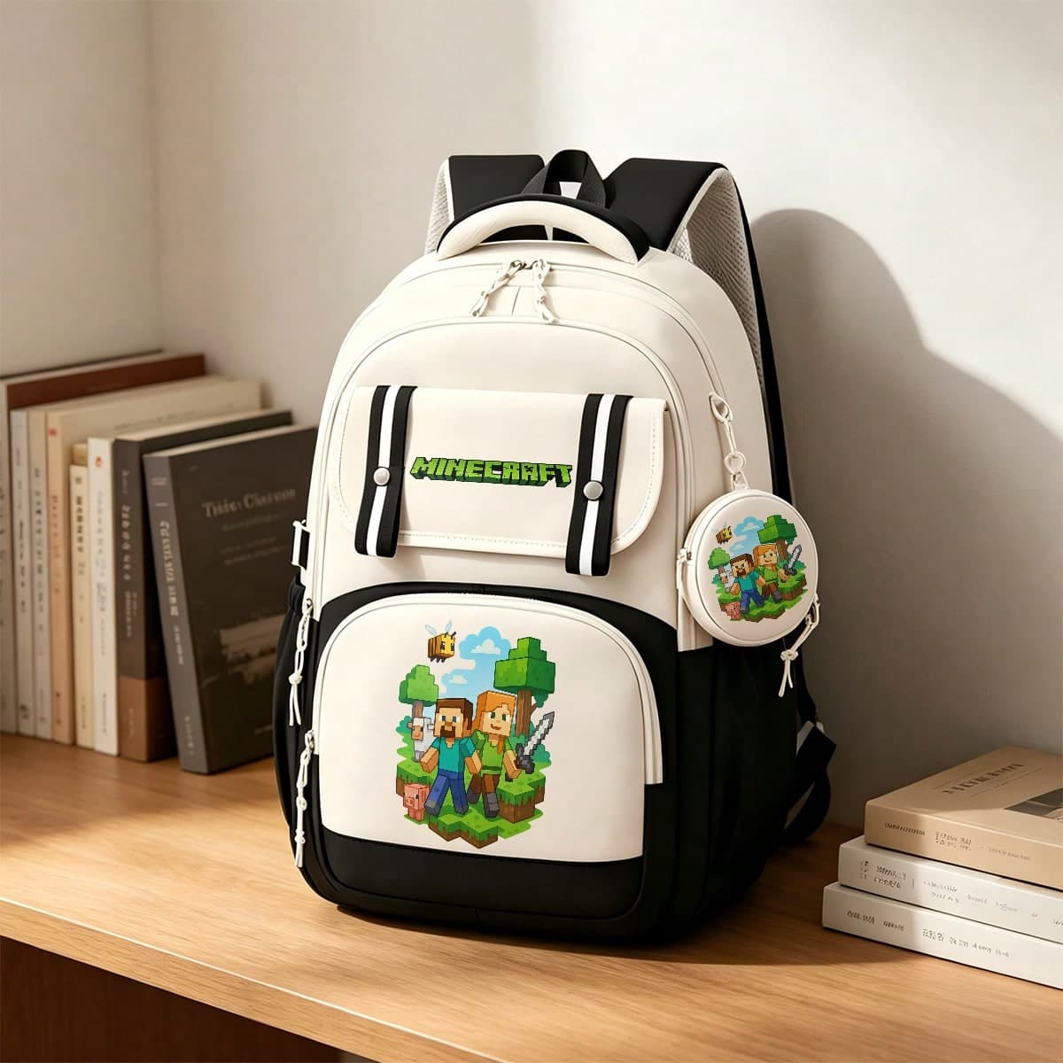 Miniso Korean Two Pieces Minecraft Black White Color Block Large Daily Backpack With Steve Alex Bee Pattern Round Coin Purse, Perfect For Anime Lovers School