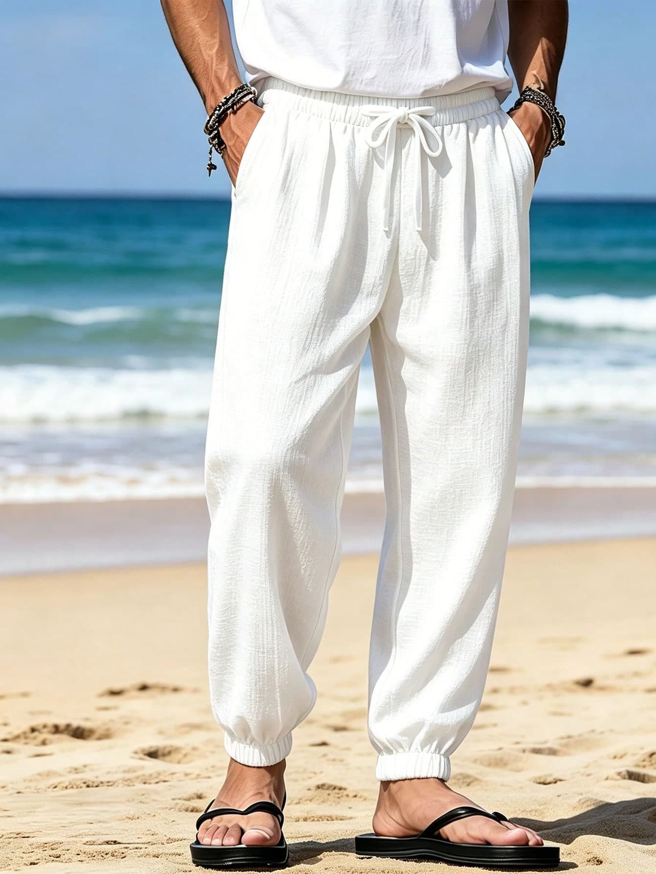 European Style Men's Linen Loose Tapered Pants, Minimalist Solid Color Draped Long Pants, Comfortable For Daily Commute / Beach Vacation