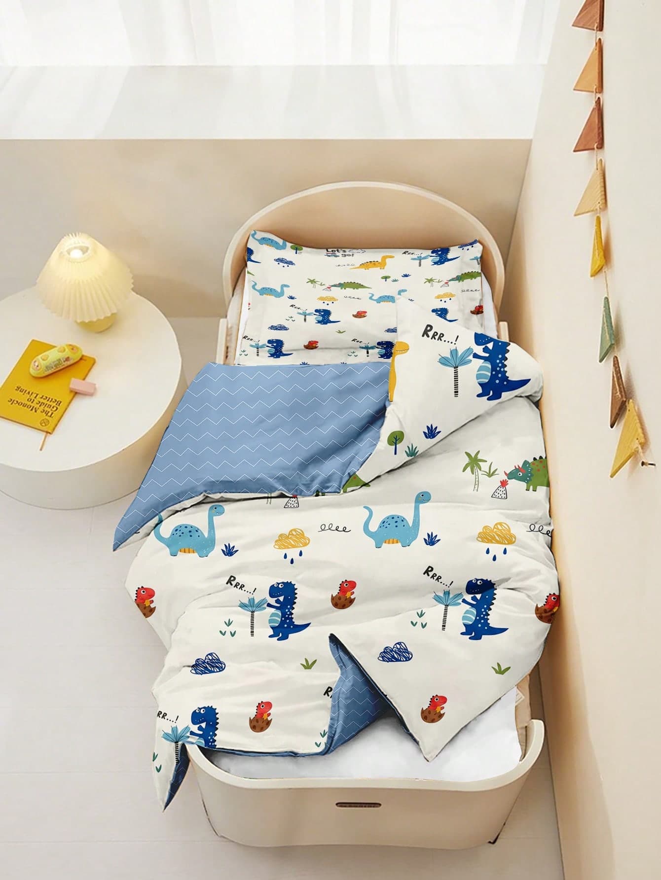 2PCS Cute Dinosaur Kids Duvet Cover Set, Reversible Blue Wave Design Toddler Bedding Set, For Kids Teens Boys Girls Room