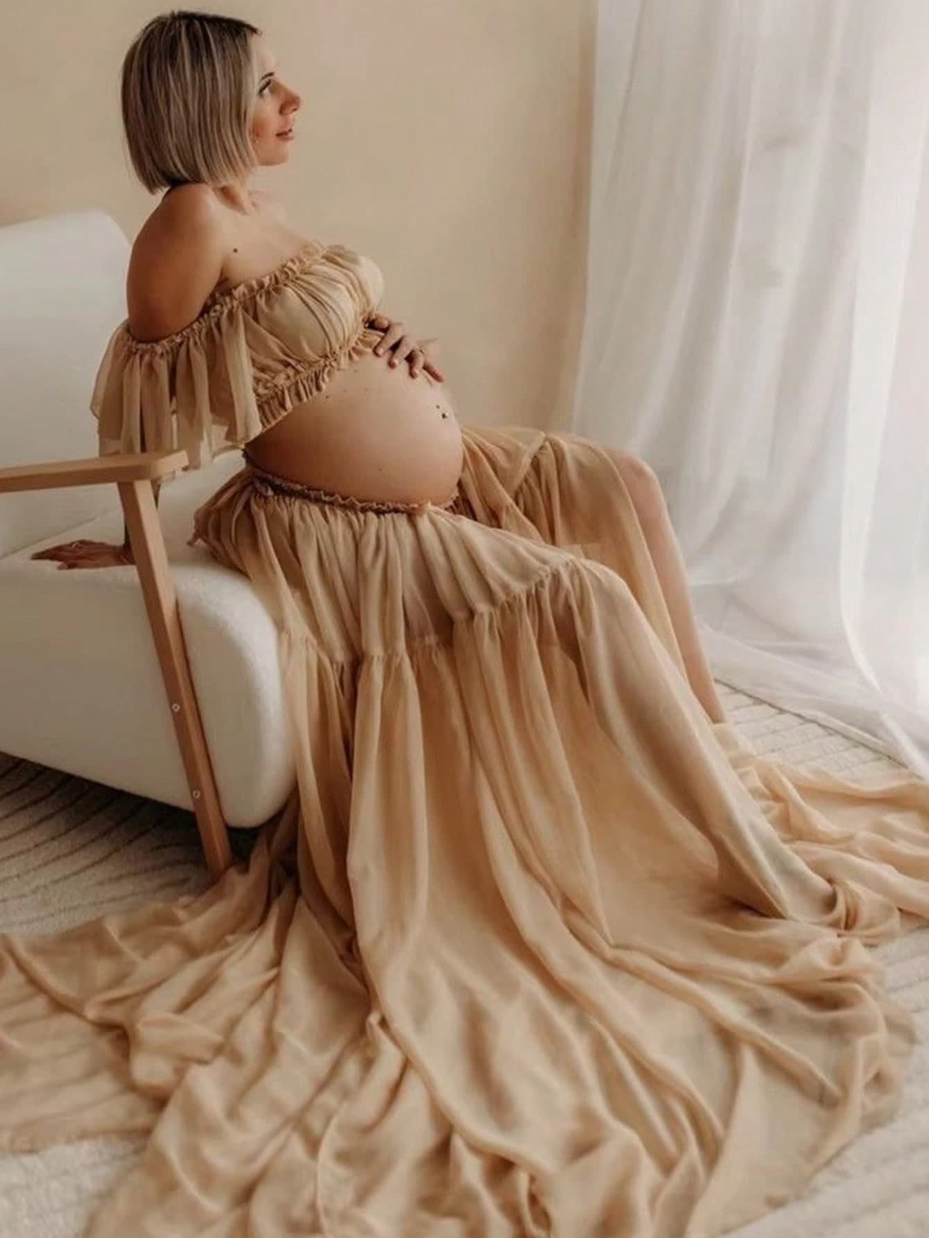Maternity Off Shoulder Strapless Flounce Sleeve Maxi Gown, Chiffon Medium Stretch Ruffle Frill Detail Split Front Flounce Hem Dress For Curvy Pregnant Women Photoshoot Baby Shower Spring