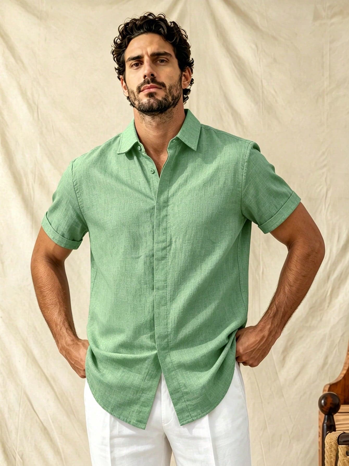 glestore Men's Vintage Style Old Money Aesthetic Linen-Like Texture Solid Color Button-Down Short-Sleeve Shirt All-Season Casual Versatile Piece