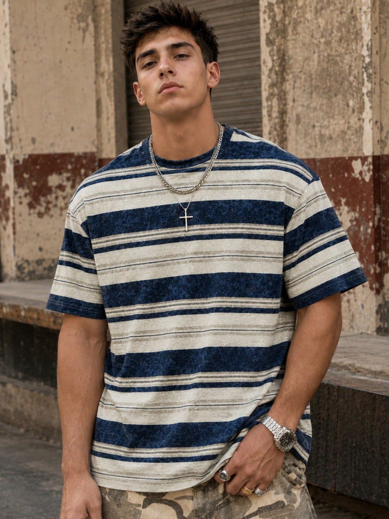 Fractyr Men's Vintage Washed Navy & Beige Striped Crew Neck T-Shirt, Retro Spotted Texture Loose Oversized Casual Short Sleeve T-Shirt