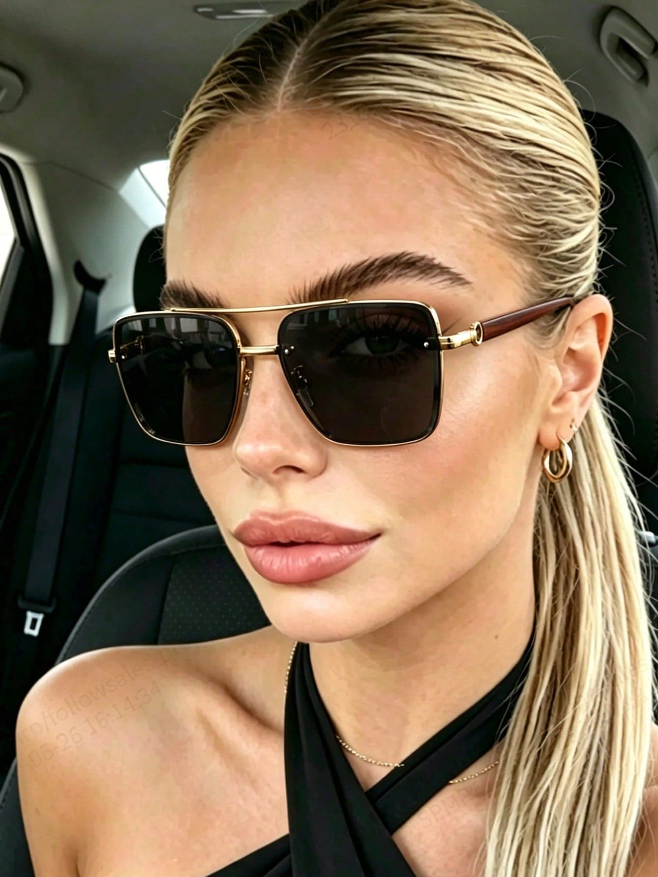 New Metal Retro Double-Beam Large Square Frame Faux Wood Grain Leg Glasses, Classic Versatile Fashion Eyewear For Women And Men, Suitable For Street Style, Runway, Daily Wear And Decorative Glasses