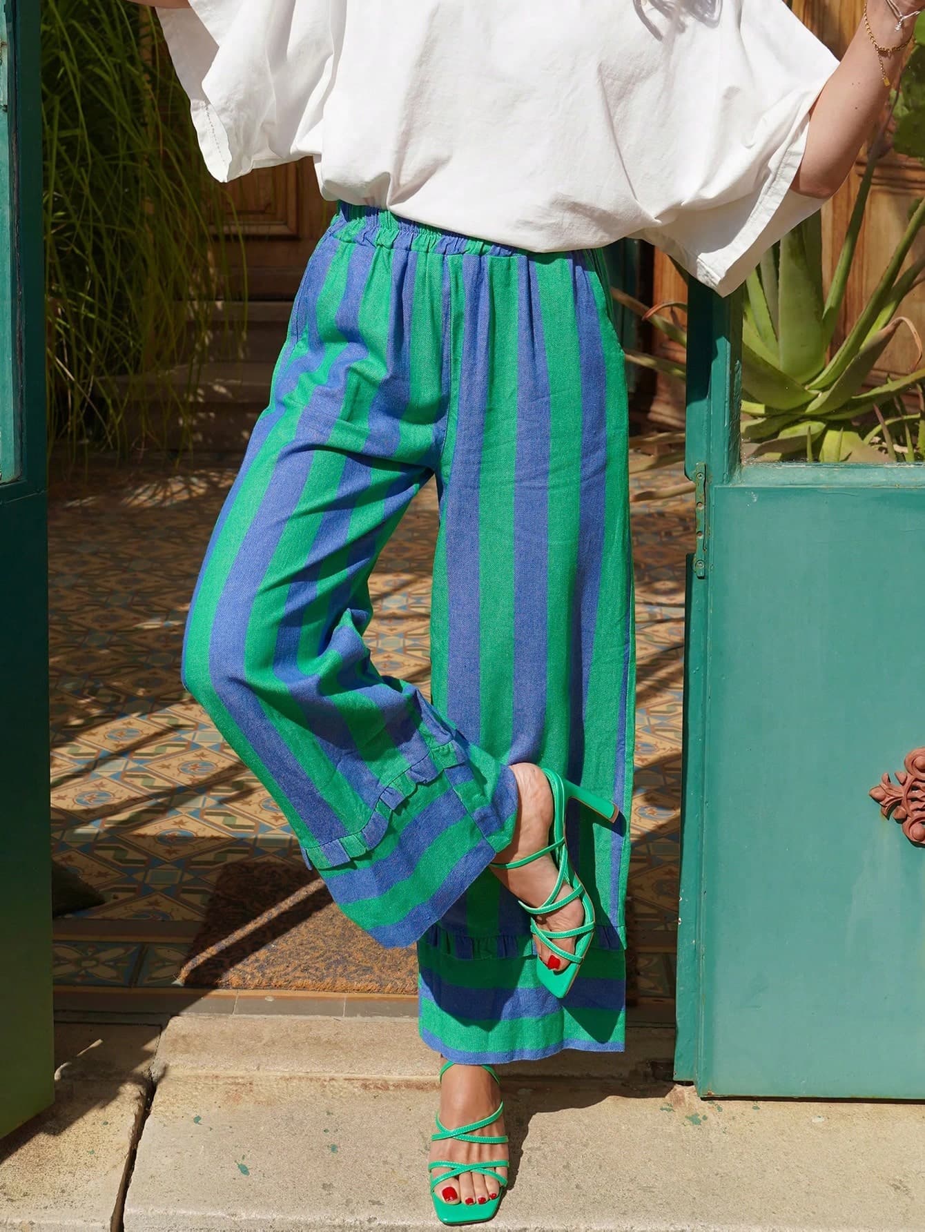 Plus Size New Fashion Elegant Elegant Contrast Color Striped Ruffle Hem Women's Long Pants, Casual Versatile Elastic Waist Trousers For Daily Wear, Campus, Vacation, Dating, Travel, All Seasons