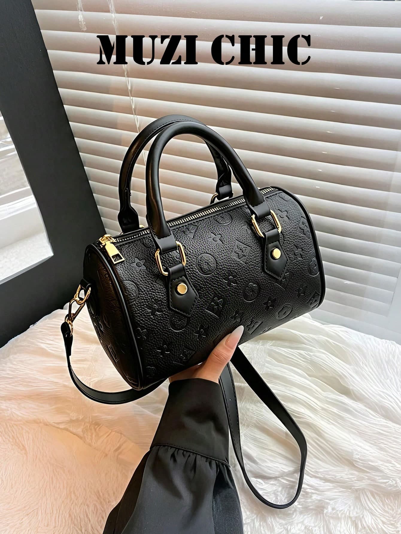 Women's Classic Letter Print Cylinder Handbag, Black Smooth PU Material With Gold Hardware, Multi-Functional Crossbody Bag