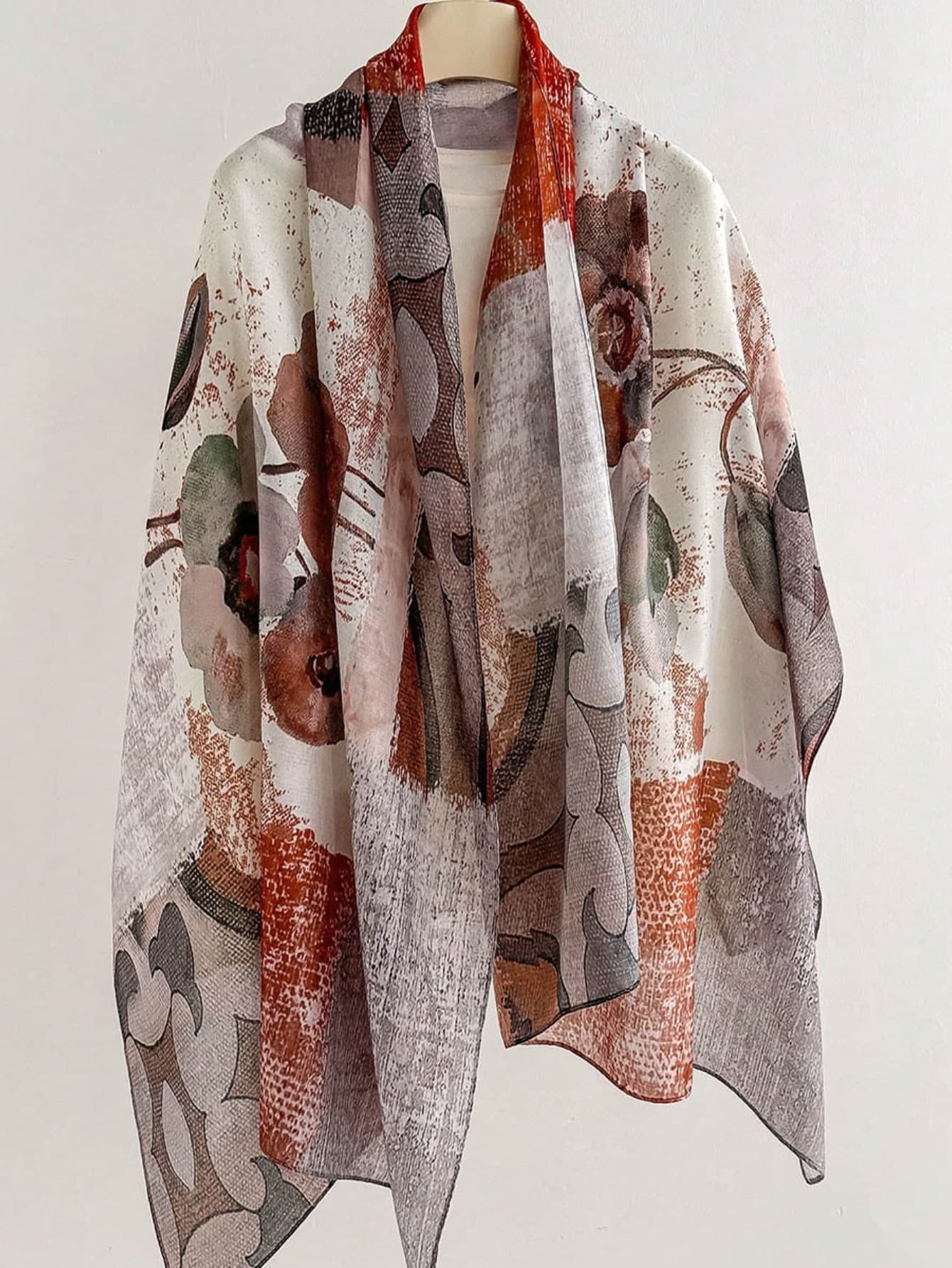 1pc 2026 ALL French Style New Fashion High-End Lightweight Ink Print Scarf Long Silk Scarf Women's Thin Fashion Versatile Floral Print Shawl Scarf Suitable For Holiday Gifts, Travel, Walking, Beach Photography, Street Shopping And Multiple Occasions
