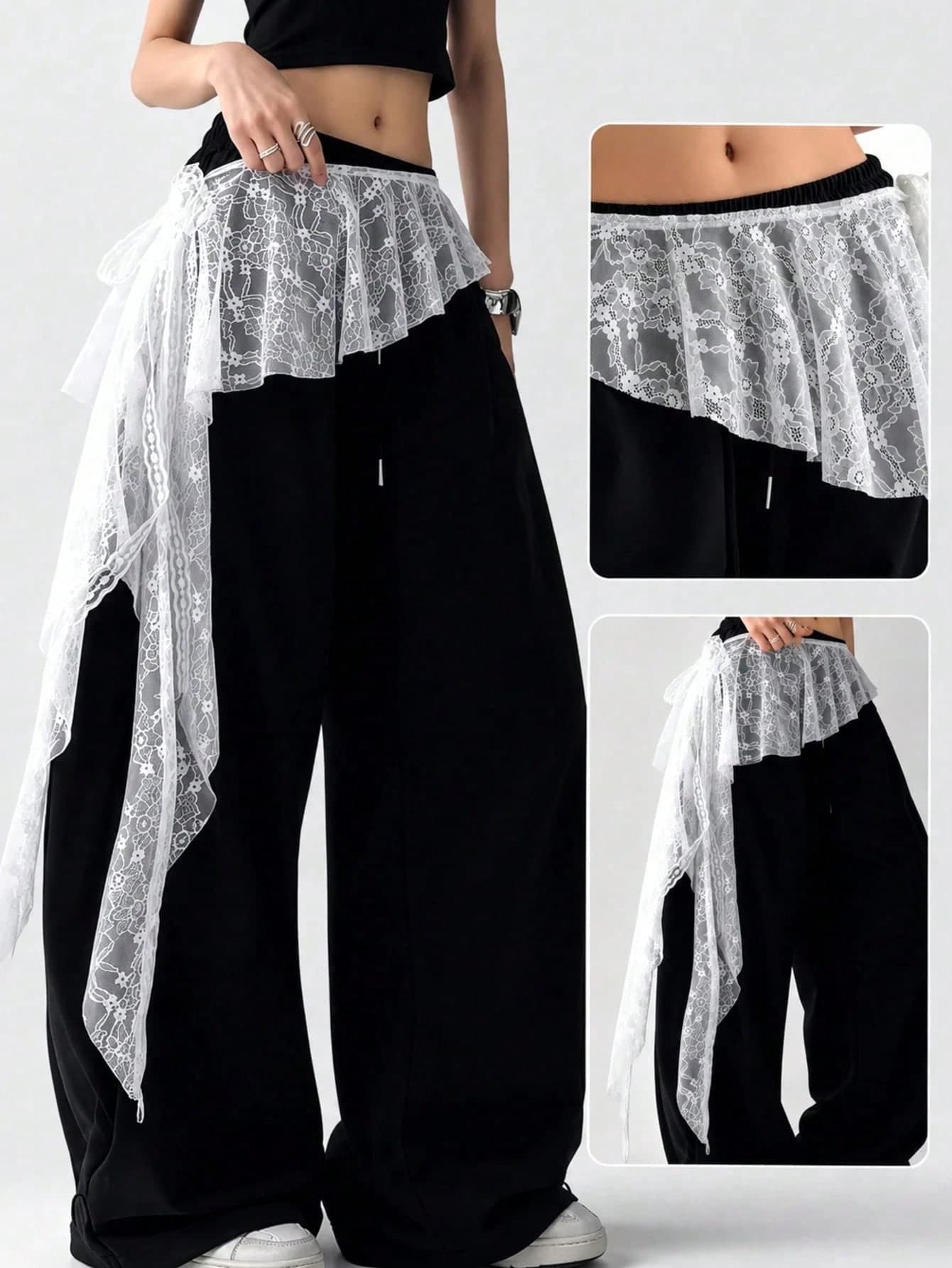 1pc Fashionable Versatile Asymmetrical Lace Trim Tie-Up Slit Apron Skirt, Can Be Paired With Pants Or Skirts, Street Dance Brand Flowy Tassel Layered Waist Wrap, Belly Dance Accessory American Style Hip Scarf Sexy Waist Scarf, Sexy Skirt Stage Performance Outfit, Suitable For Nightclub Disco Festival Party Banquet Evening Dress Accessory School