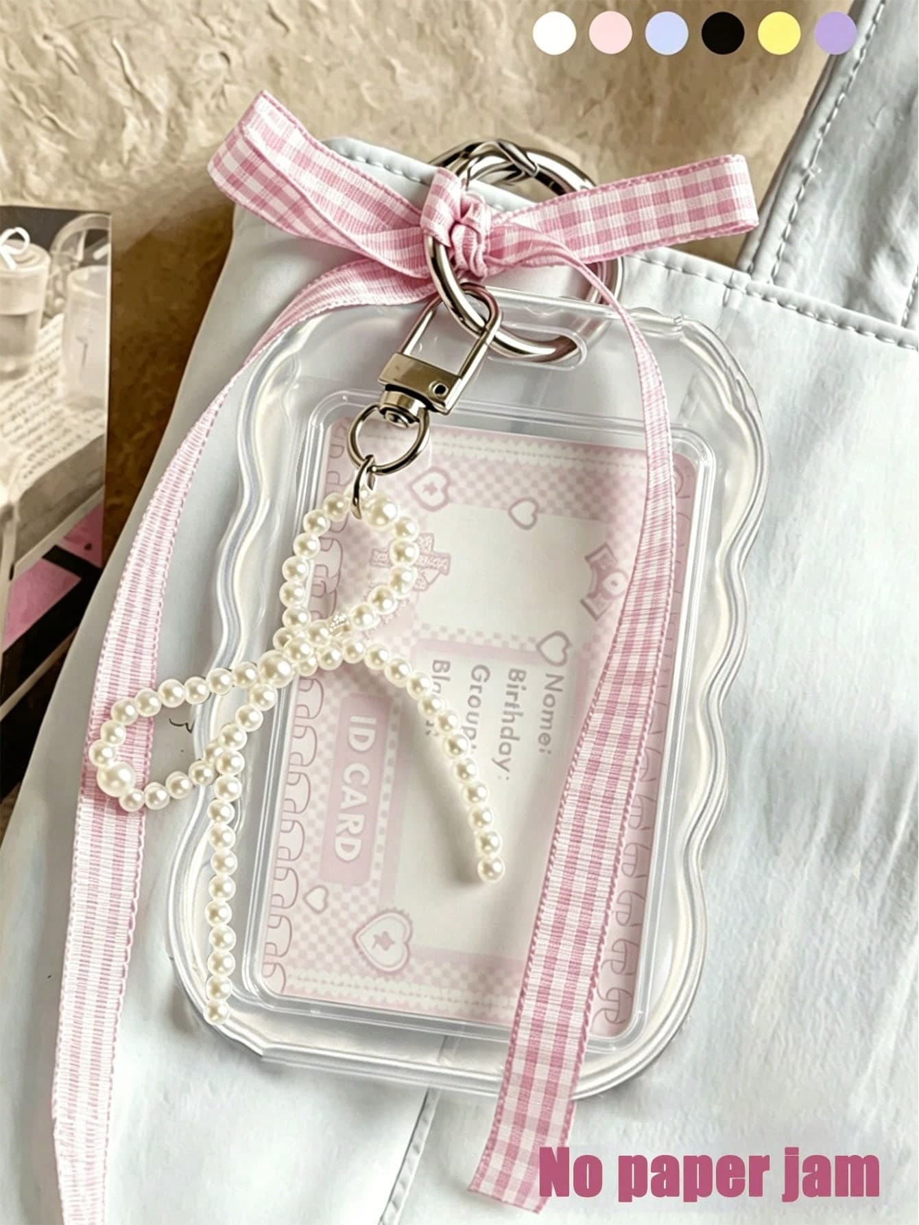Wavy Transparent Card Holder + Blue Plaid Ribbon Pearl Bow Pendant, INS Style Bow Bag Charm Keychain, With Multi-Color Card Slots, Delicate Girl Accessory, Suitable For Phone Case, Minimalist Bow Design; Bus Card Holder, Bank Card Holder, Subway Card Storage, Portable And Hangable, Adjustable ID Card Holder Pendant Keychain, Back To School Dorm Essentials; Suitable For Office Workers And Students, Perfect Gift; Back To School Card Holder