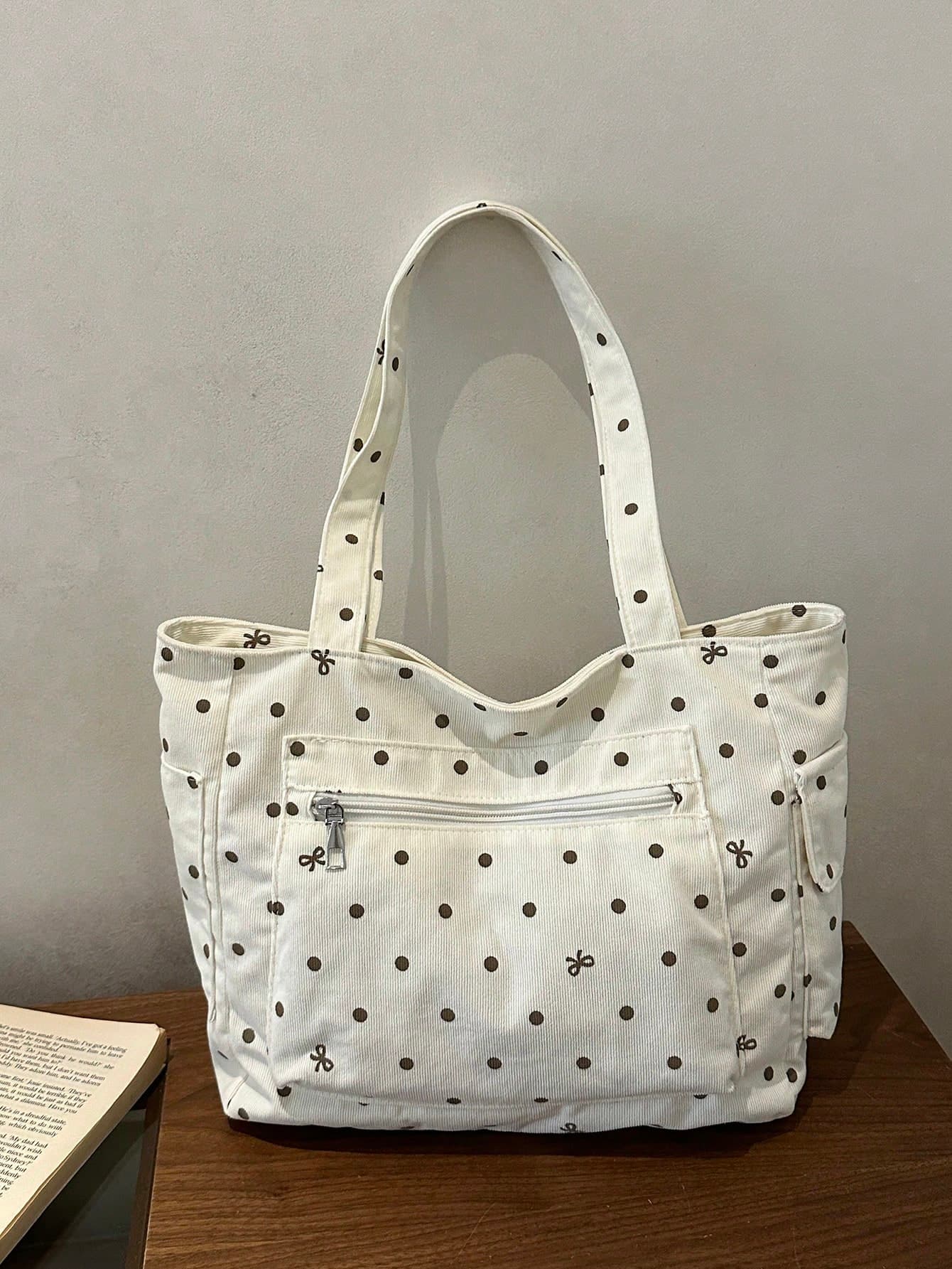 1pc Fashionable Colorblock Bow Print Shoulder Tote Bag, Minimalist Lightweight, Multi-Pocket Design