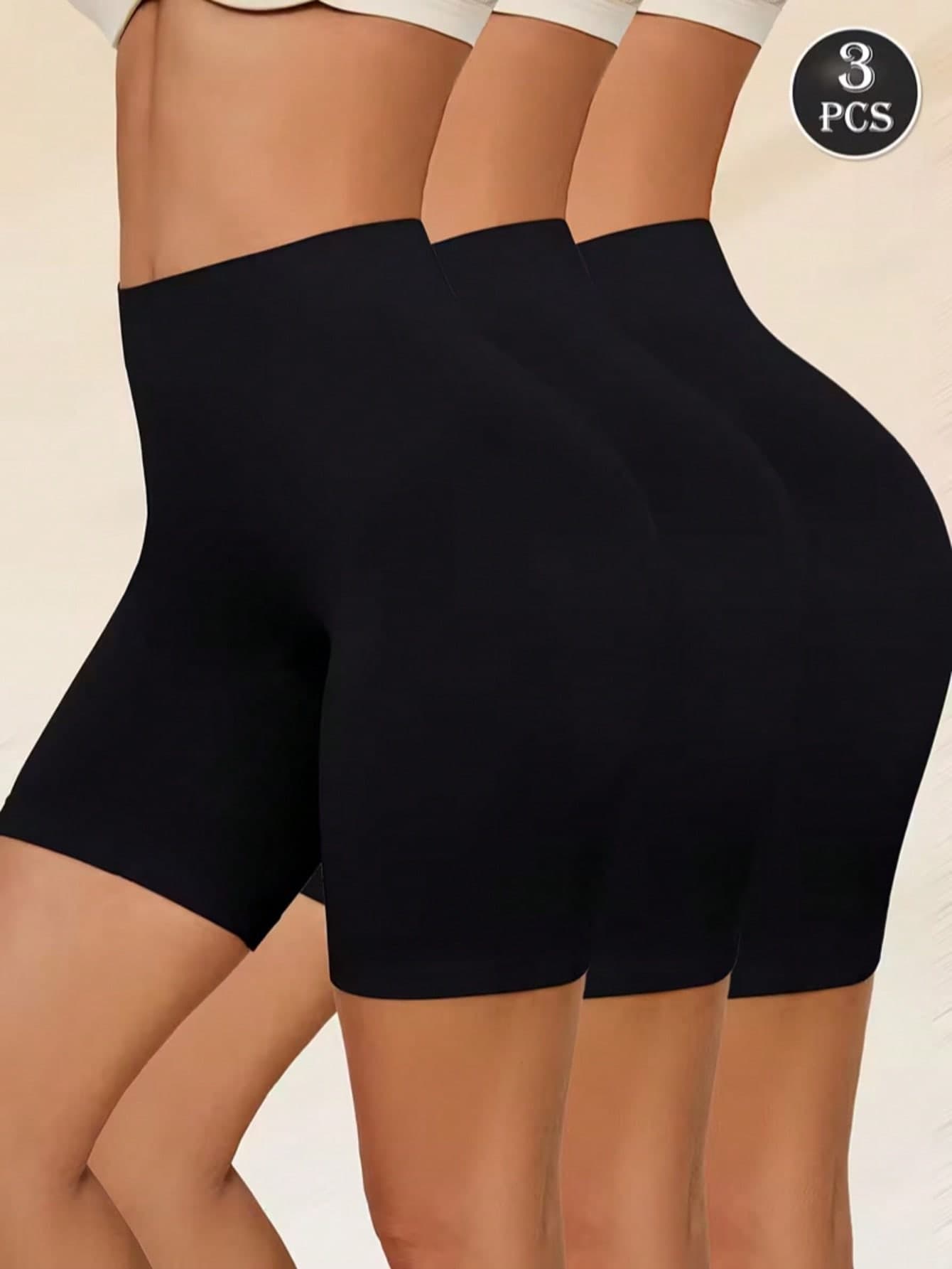 3pcs Black High Waist Summer Ice Silk Seamless Non-Rolling Women's Safety Pants Anti-Exposure Panties Elastic Comfortable Breathable Women's Underwear