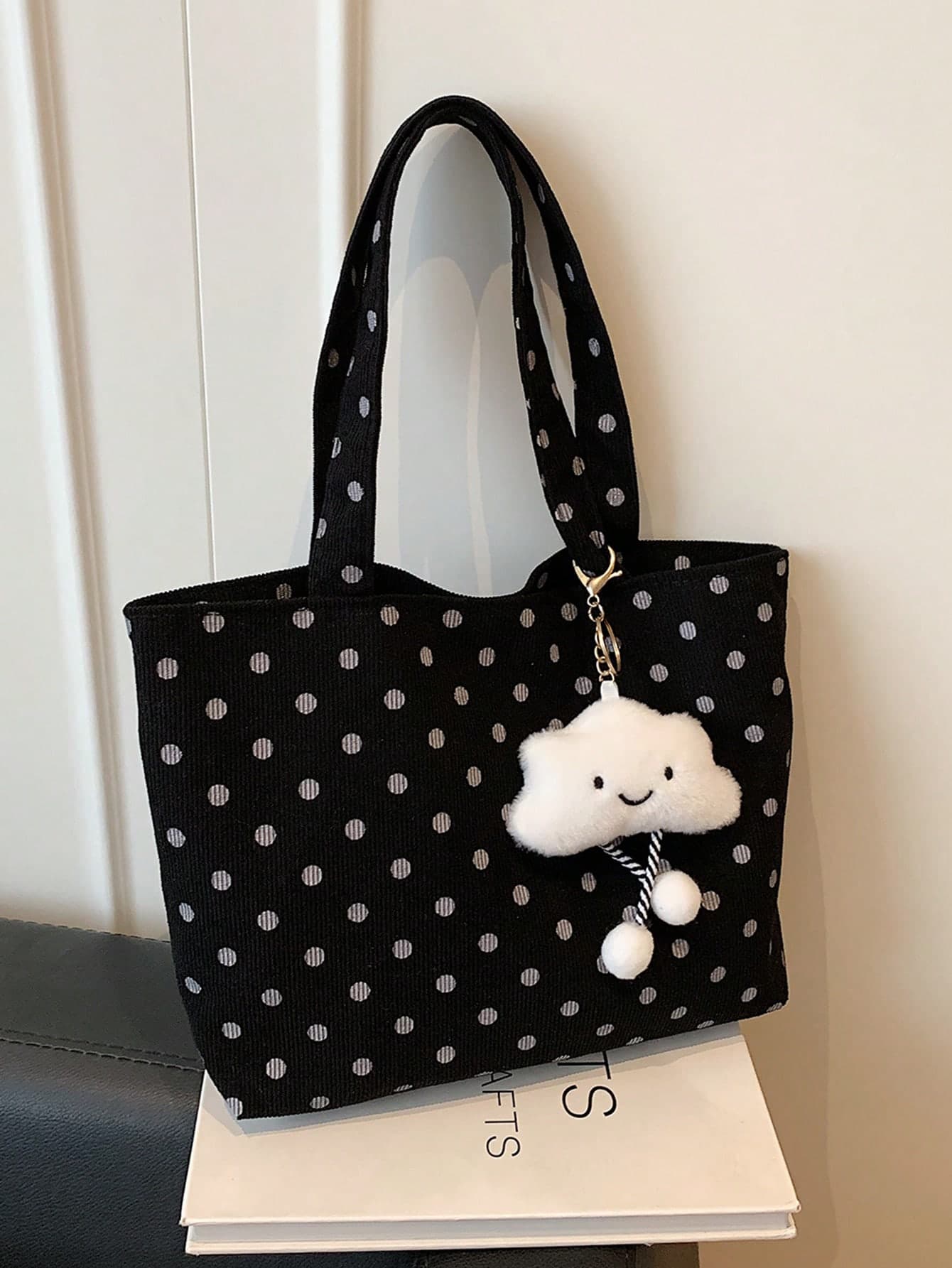Black White Polka Dot Corduroy Tote Bag, Cute Fluffy Cloud Pendant, Magnetic Snap Large Capacity Student Shoulder Handbag