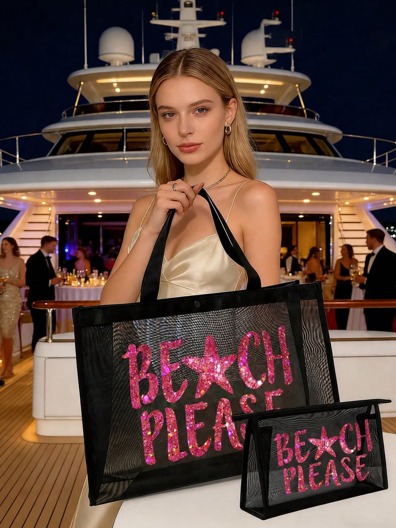 Rose Red Sequin Letter BEACH Theme Printed Mesh Tote Bag, "BEACH" Letter And Coconut Tree Pattern, Large Capacity Transparent Beach Bag, Convenient Makeup Bag - Vacation Essential, Student Gift, Portable Beach Vacation Large Capacity Shoulder Bag, Transparent Mesh Makeup Bag, Storage Bag, Beach, Summer Style, Suitable For Travel, Picnic, Shopping, Office, Outing, Date, Daily Use, Back To School Gift, Teacher's Day Gift
