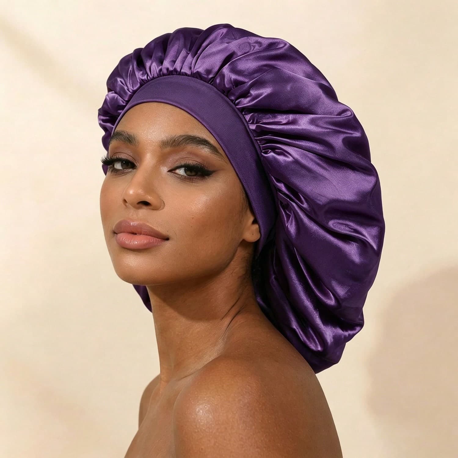 Awegeo 1pc Women's Large Satin Sleep Cap - Solid Color Elastic Wide Brim Hair Protection Cap, Soft Breathable Silky Fabric, Non-Slip Comfortable Design, Suitable For Nighttime And Daily Use