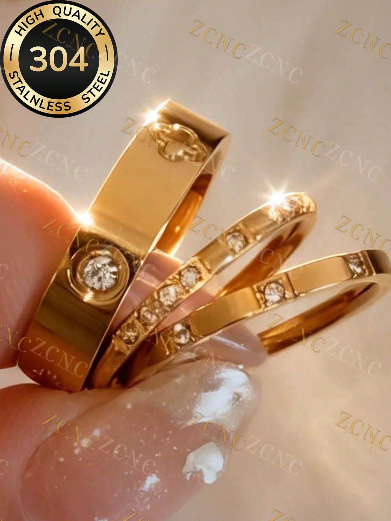 ZCNC Znice 2026 New 14K Gold 3-Diamond 8-Diamond Full Diamond Fashion Creative Summer Women's Shiny Square Diamond Ring, Waterproof Stainless Steel, No Fading, Suitable For Daily Wear, Party, Gathering, Mother's Day Gift
