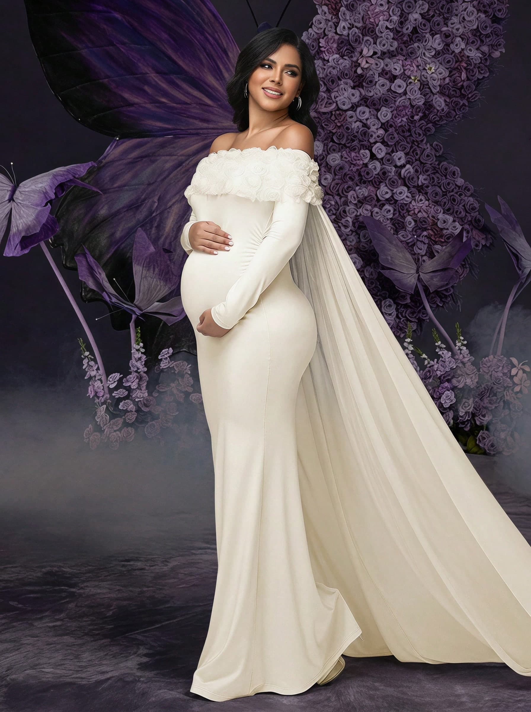 Irresista Maternity Floral Off-Shoulder Dress, Suitable For Baby Shower, Long Sleeve Mesh Cloak Style Long Dress, Can Be Used As Photography Prop Spring Elegant