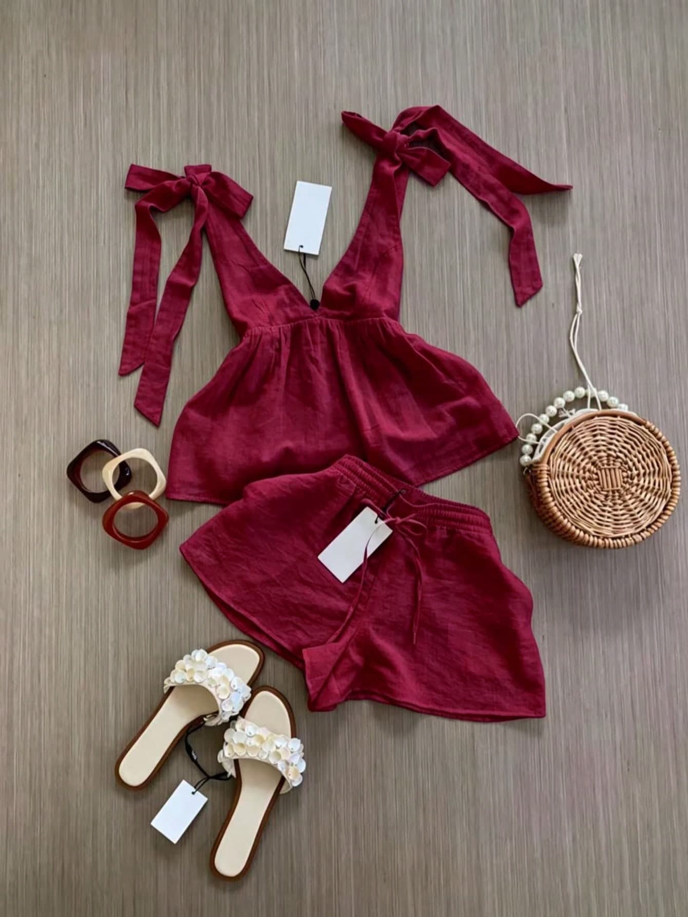 Spring/Summer Women's Fashion Set, Fashionable Sleeveless Top With Elegant Tie Design And Shorts Set. Perfect For Wedding Parties. A Fashionable And Elegant Commuter Outfit, Camisole Shorts Vacation Set, Suitable For Daily Casual Wear.
