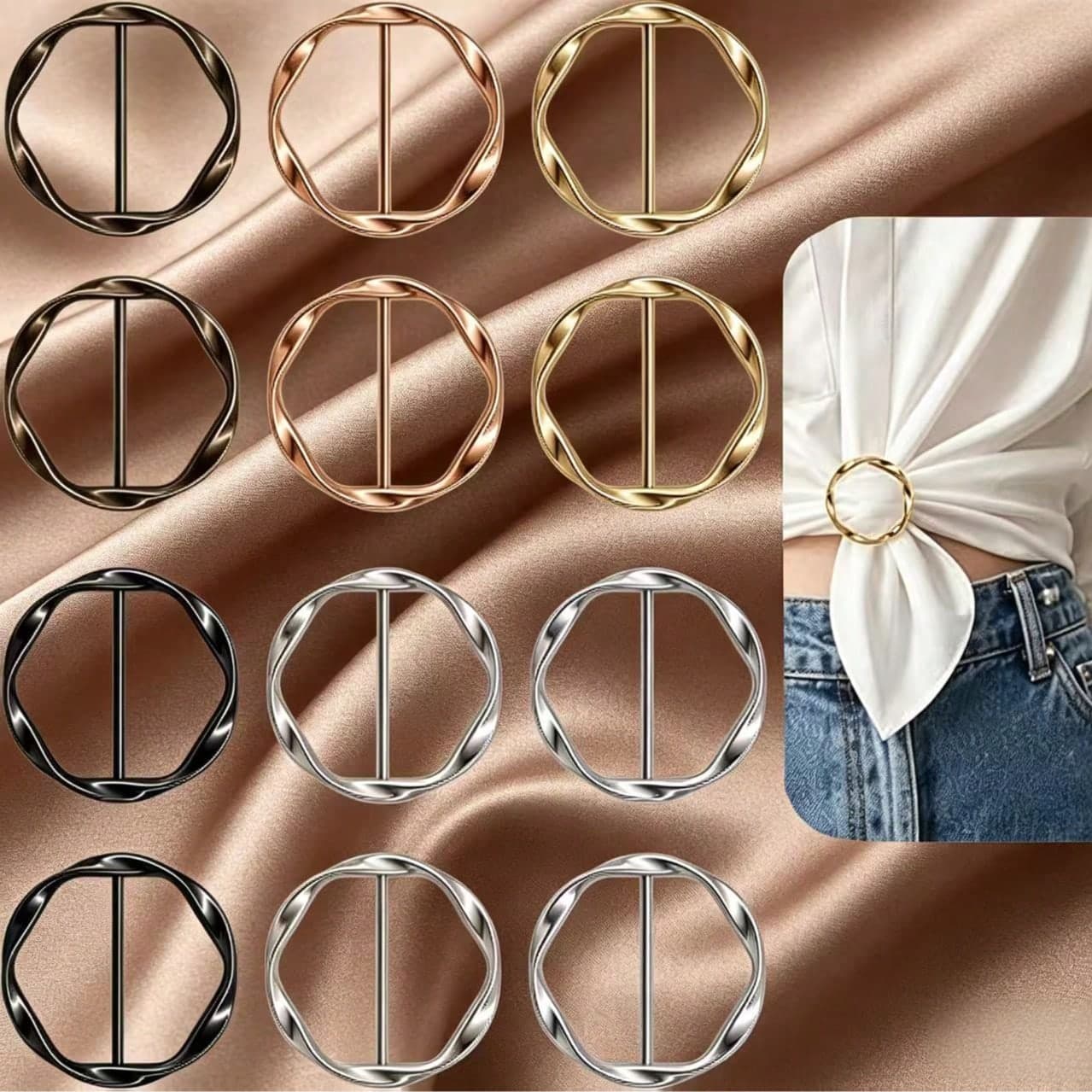 12pcs Twisted Round Shirt Scarf Rings, No-Sew T-Shirt Tie Rings, Metal Belt Buckle Accessories For Dresses, Cardigans, Loose Tops, Suitable For Men's And Women's Styling Accessories