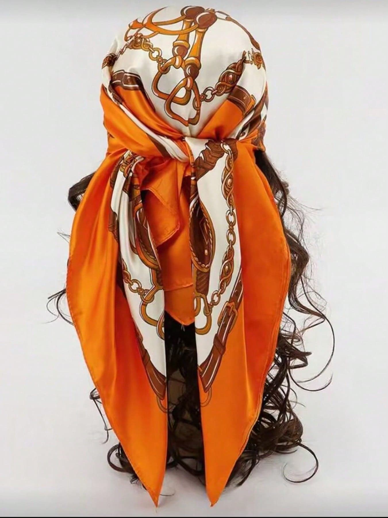 1pc Bohemian Style Fashion Chain Print Women's Satin Scarf, Casual Elegant Headscarf Shawl For Daily Wear And Sun Protection