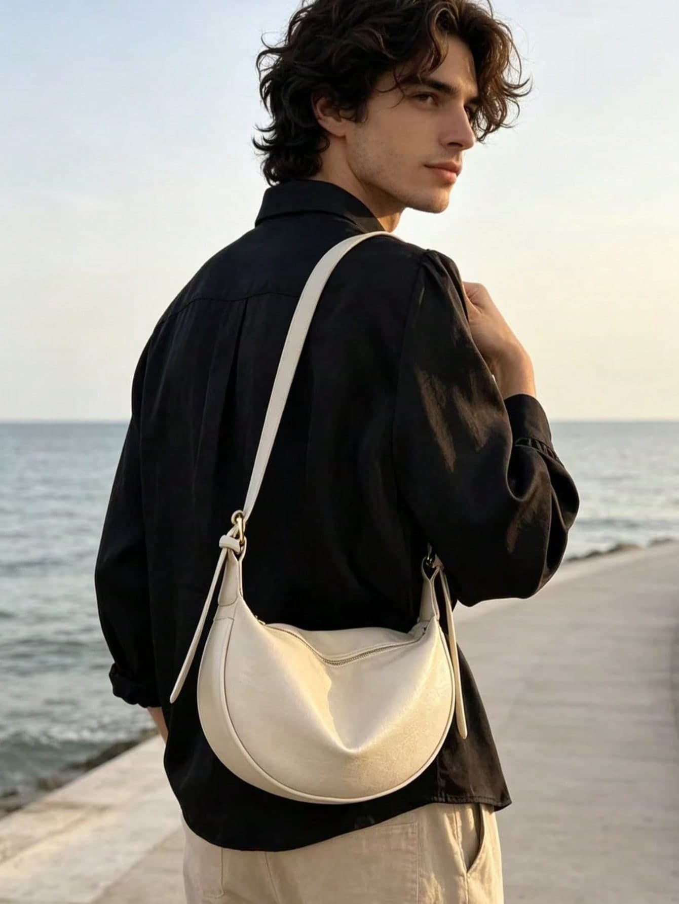 Vintage Crescent-Shaped Men's Crossbody Bag, Solid Color PU Fabric Ruched Underarm Bag, Adjustable Thin Shoulder Strap, Minimalist Versatile Commute Casual One Shoulder Bag