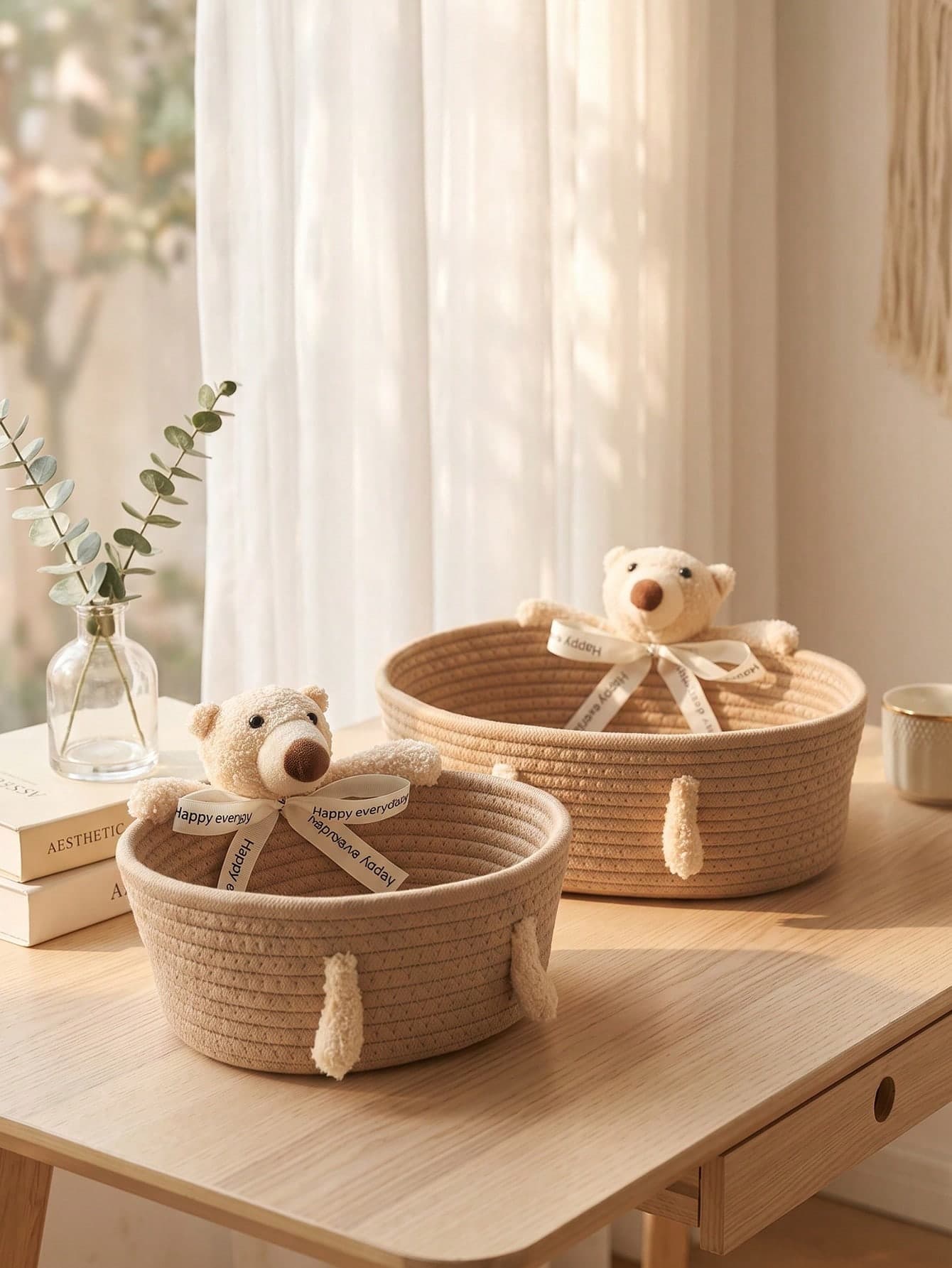 1pc/2pcs (S+M) Cute Cartoon Rabbit Cotton Rope Woven Storage Baskets, Multi-Size Desktop Organizer Bins For Cosmetics, Sundries, Kids Toys, Soft Washable Decor Tray For Bedroom Vanity, Bathroom Countertop, Entryway, Household Clutter Storage