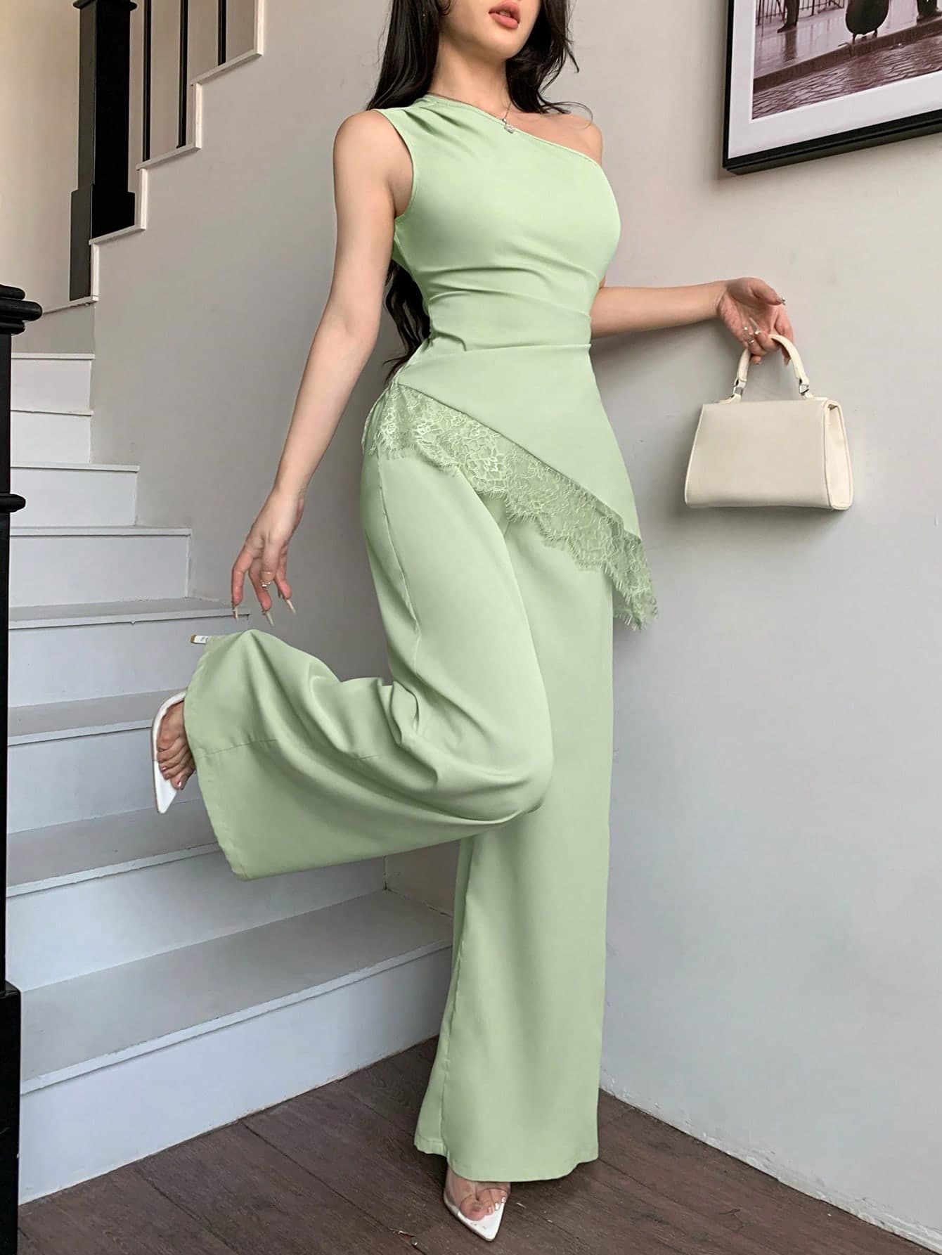 abyoxi Women's Pea Green Sleeveless Ruched Waist Lace Patchwork Asymmetric Hem Top With Wide Leg Pants 2-Piece Set, Sexy & Elegant, Suitable For Work Commute