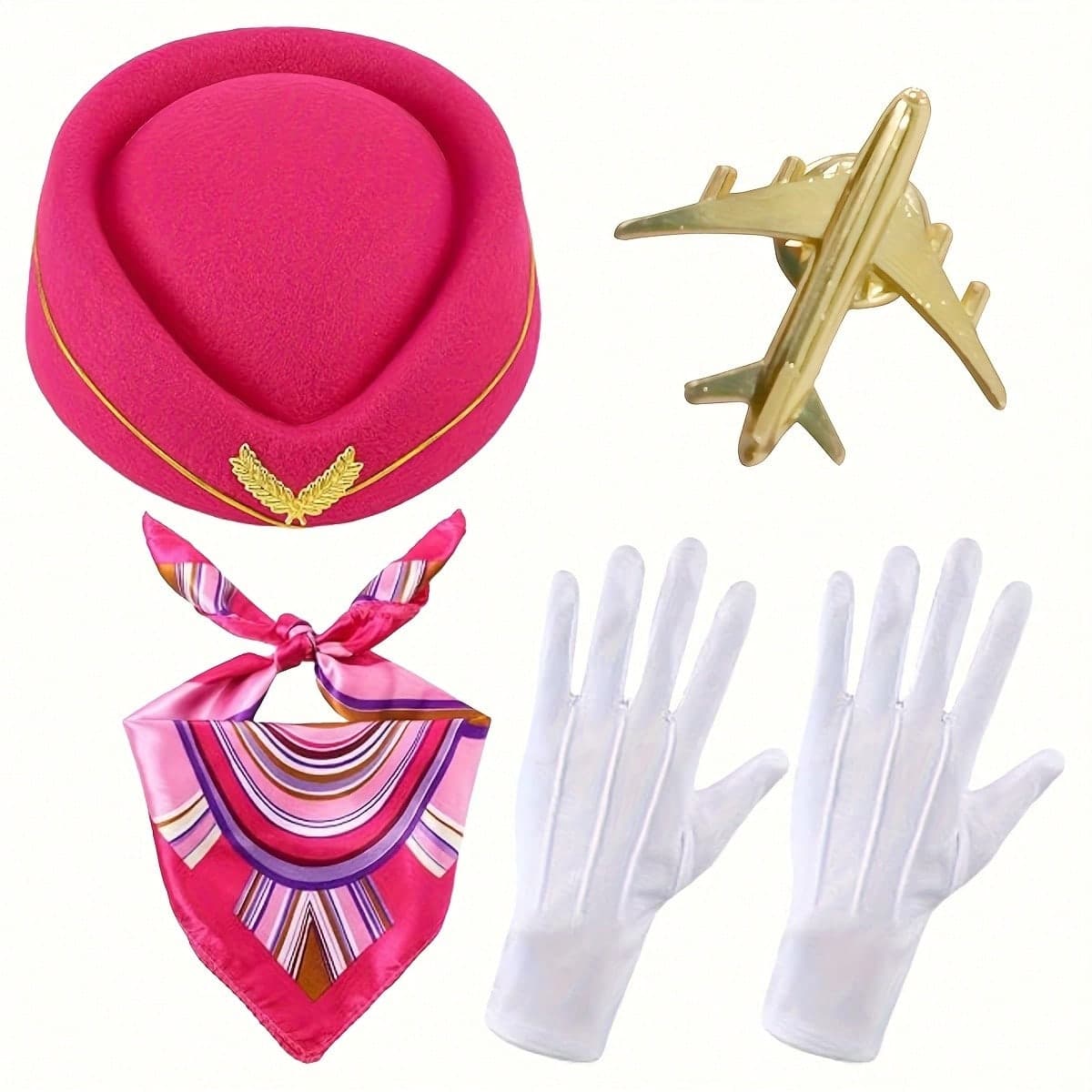 4pcs Flight Attendant Costume Accessories Women's Flight Attendant Uniform Hat Scarf Gloves Set Halloween Costume