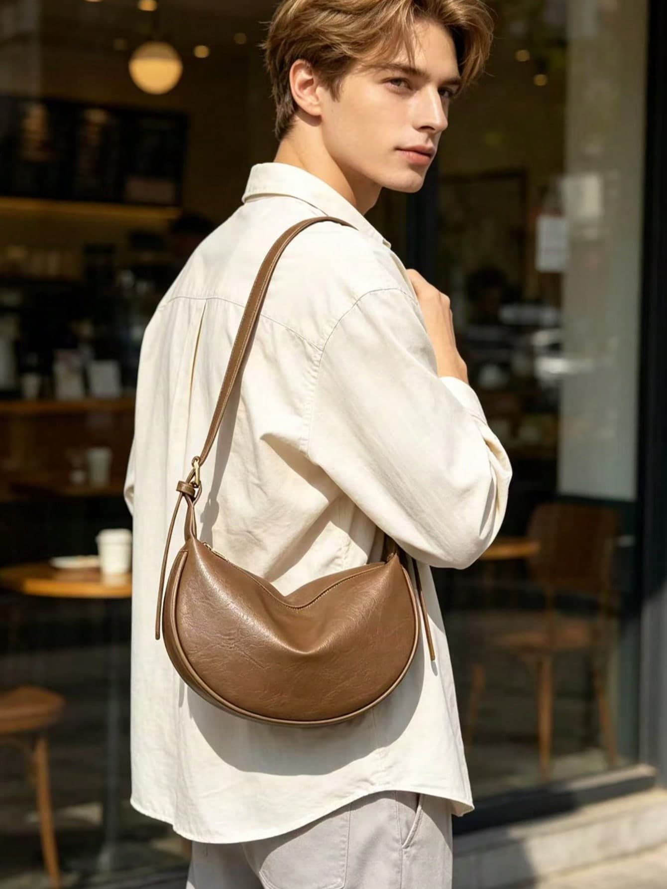 Vintage Crescent-Shaped Men's Crossbody Small Bag, Solid Color PU Fabric Ruched Underarm Bag, Adjustable Thin Shoulder Strap, Minimalist Versatile Commuter Casual One Shoulder Bag