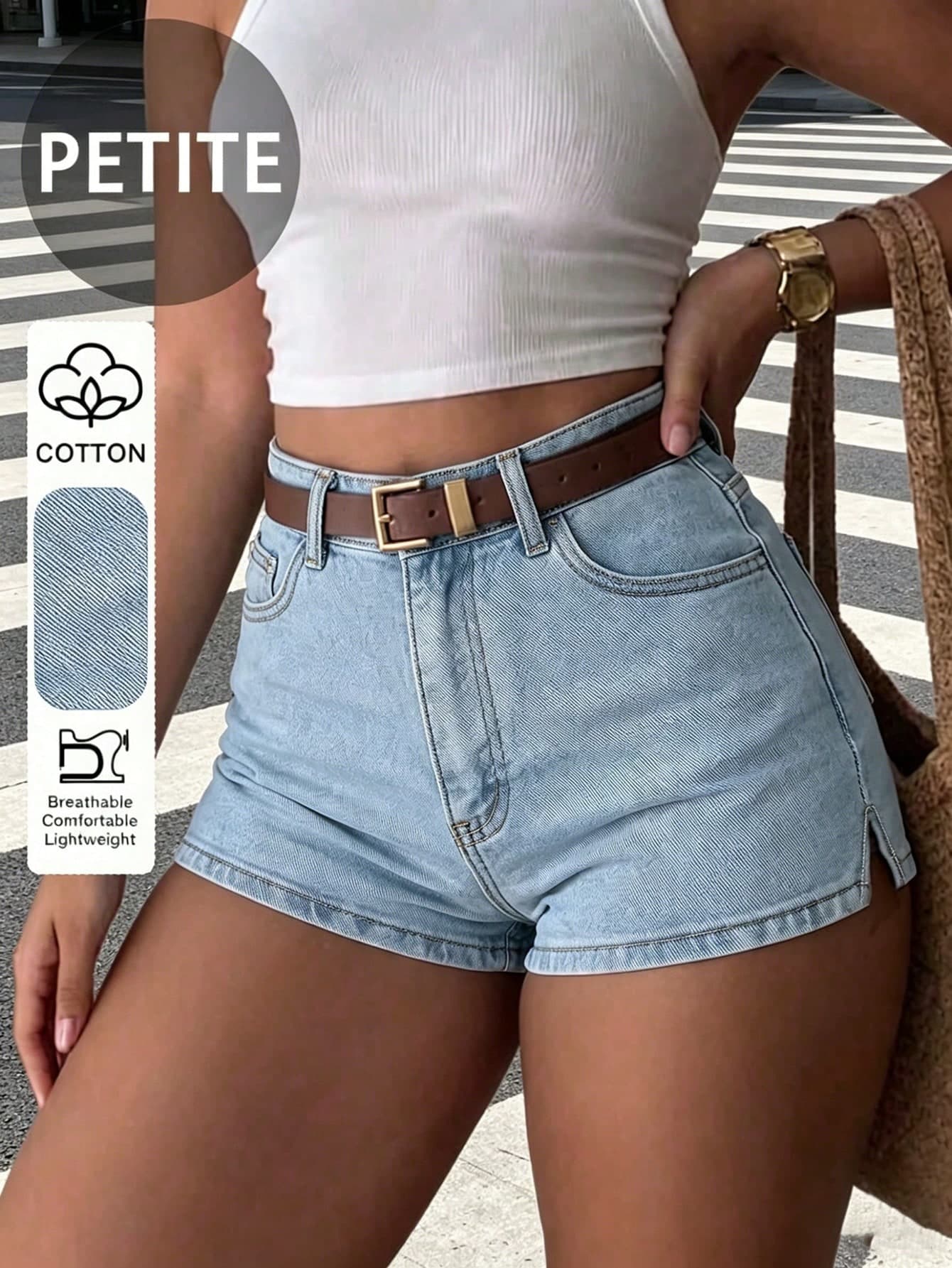 Sexy Casual American Style Petite Denim Mini Shorts With Pockets And Side Slit Summer