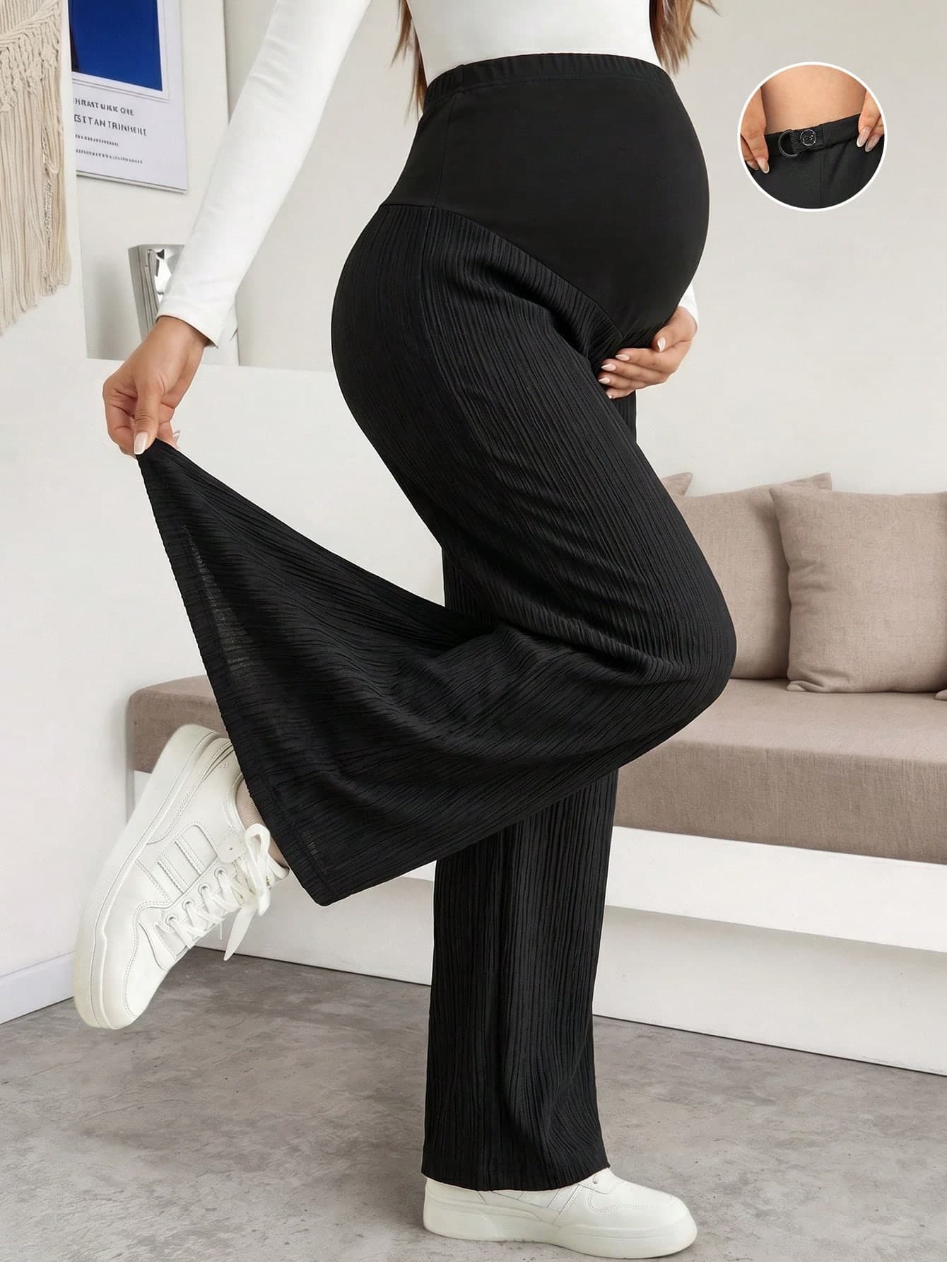 Elegant Black Ribbed Wide Leg Pants For Pregnant Women, Comfortable Medium Stretch Knit Long Pants With Button Detail Design, Suitable For Autumn Wear