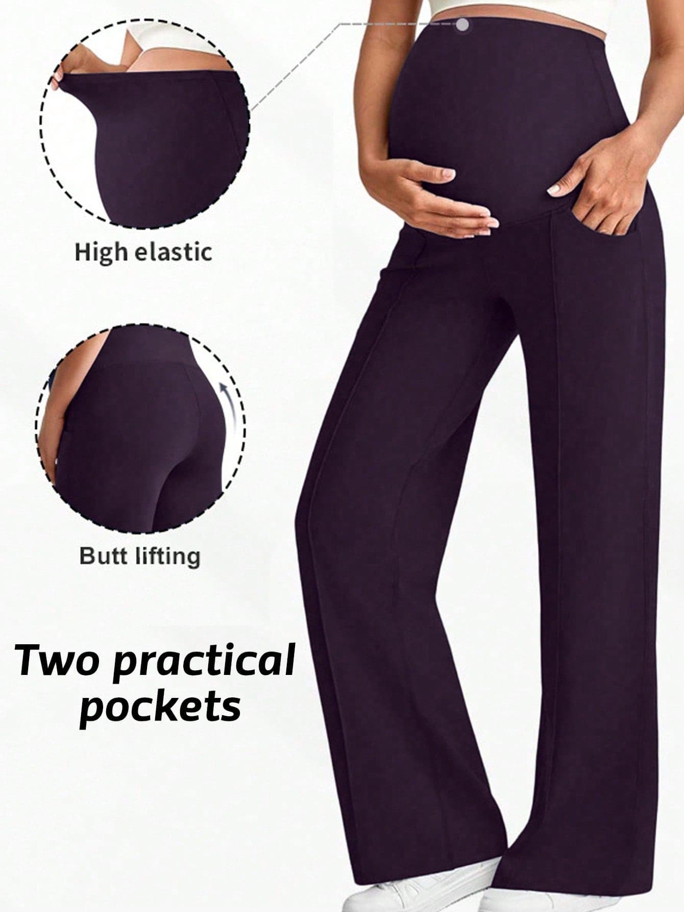 1pc Women's Maternity Pants, With Pockets, Elastic Waistband Doesn't Constrict Belly, Dual Pockets Convenient For Carrying