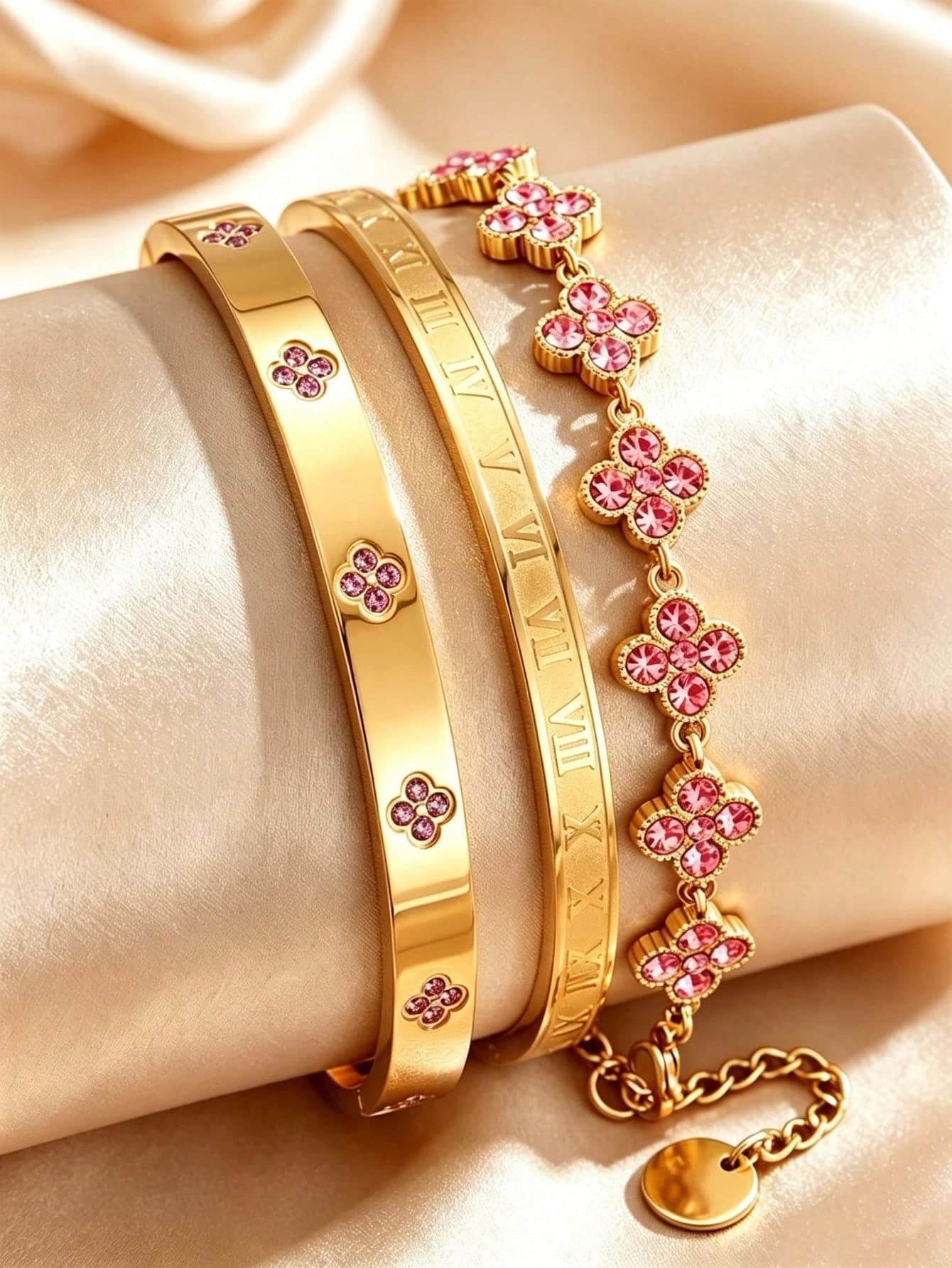 3pcs Stainless Steel Bracelet Set, Pink Zirconia Inlaid Four-Leaf Clover With Roman Numerals, Bring Good Luck And Add More Charm And Fashion To Your Outings