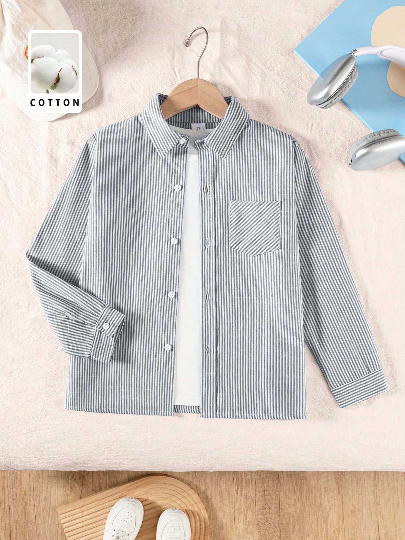 Unisex Kids Blue & White Striped Pure Cotton Long Sleeve Button-Up Shirt, Chest Pocket Preppy Style Top, Suitable For Back To School, Daily Wear And Vacation