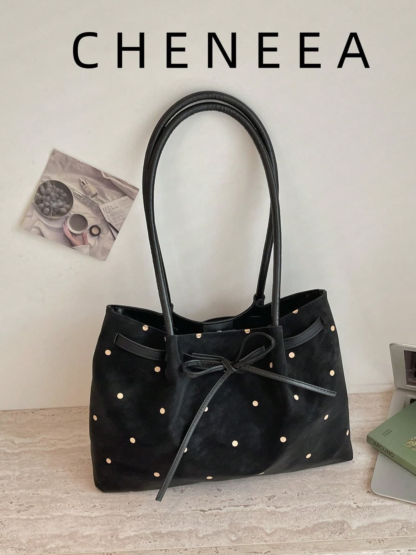 Autumn New Vintage Fashion Polka Dot Print Tote Bag, Strap And Bow Decor, Lightweight Minimalist, Soft Body, Large Capacity Casual Commuter Shoulder Bag