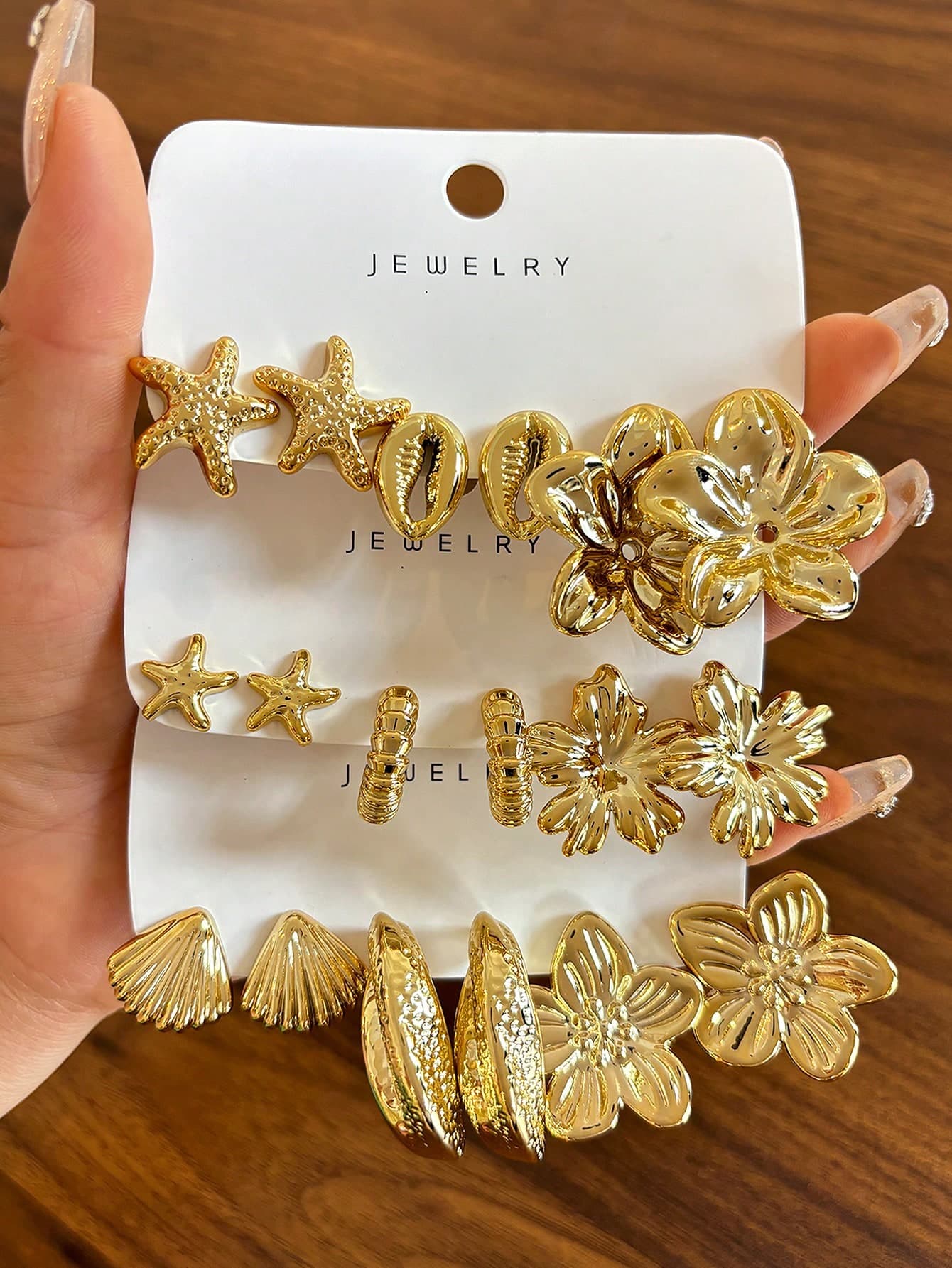 6/18pcs Gold Ocean Style Women's Earring Set, Textured Starfish Seashell Scallop Flower Earrings, Bohemian Beach Vacation Accessories, Summer Daily Party Earrings