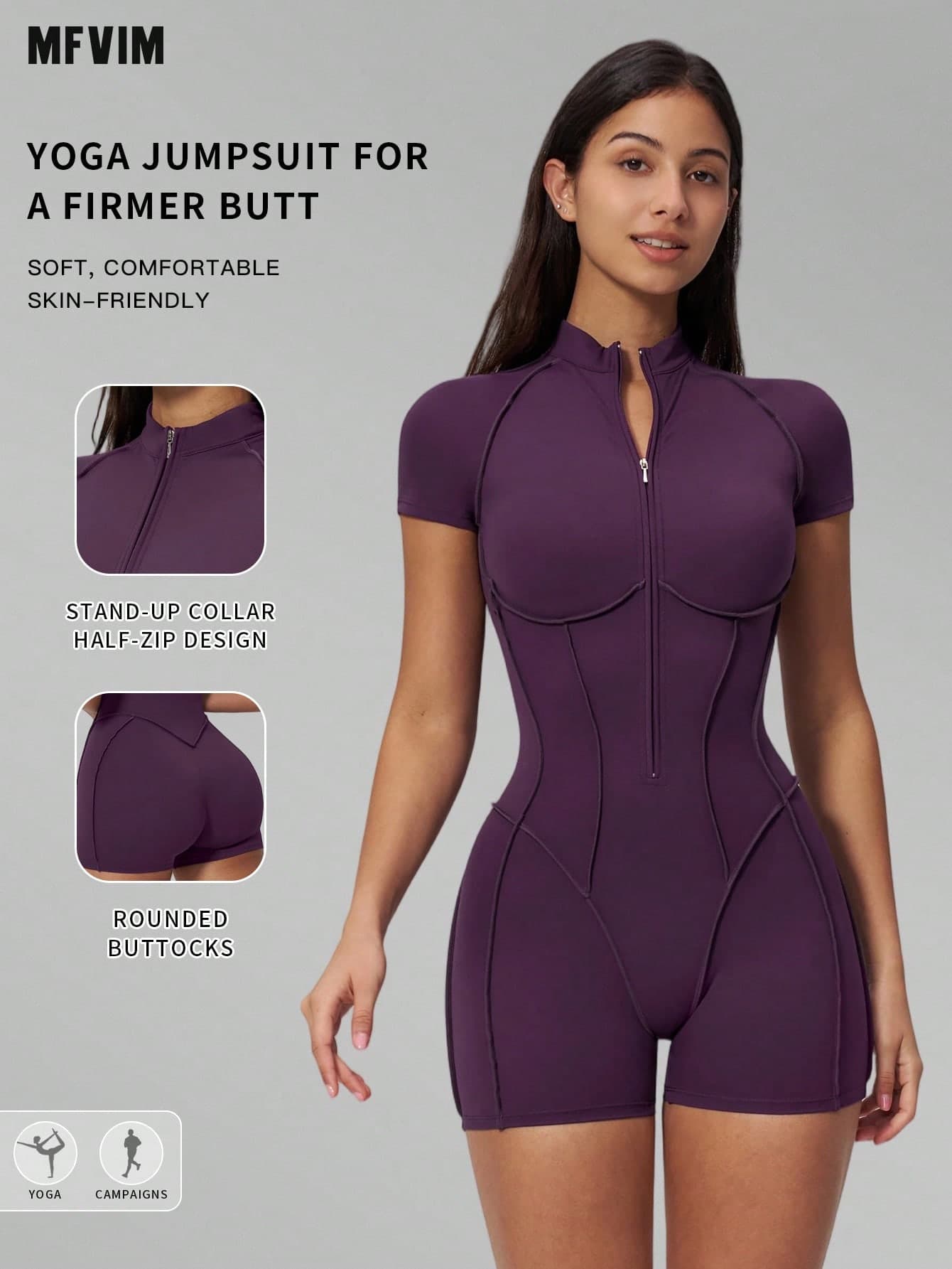 MFVIM Women's Naked Feel High Elastic Yoga One-Piece Jumpsuit, Small Stand Collar Half Zip Short Sleeve Shorts Tight Fit Jumpsuit Sports Set, Clear Line Knit Breathable Quick Dry UV Protection Butt Lifting Slimming Squat Pants, Gym Running Pilates Aerobics Equipment Training Outdoor Cycling Jump Rope 1 Piece Set, Fashion Simple Basic Versatile Plus Size Tummy Control Casual Wear